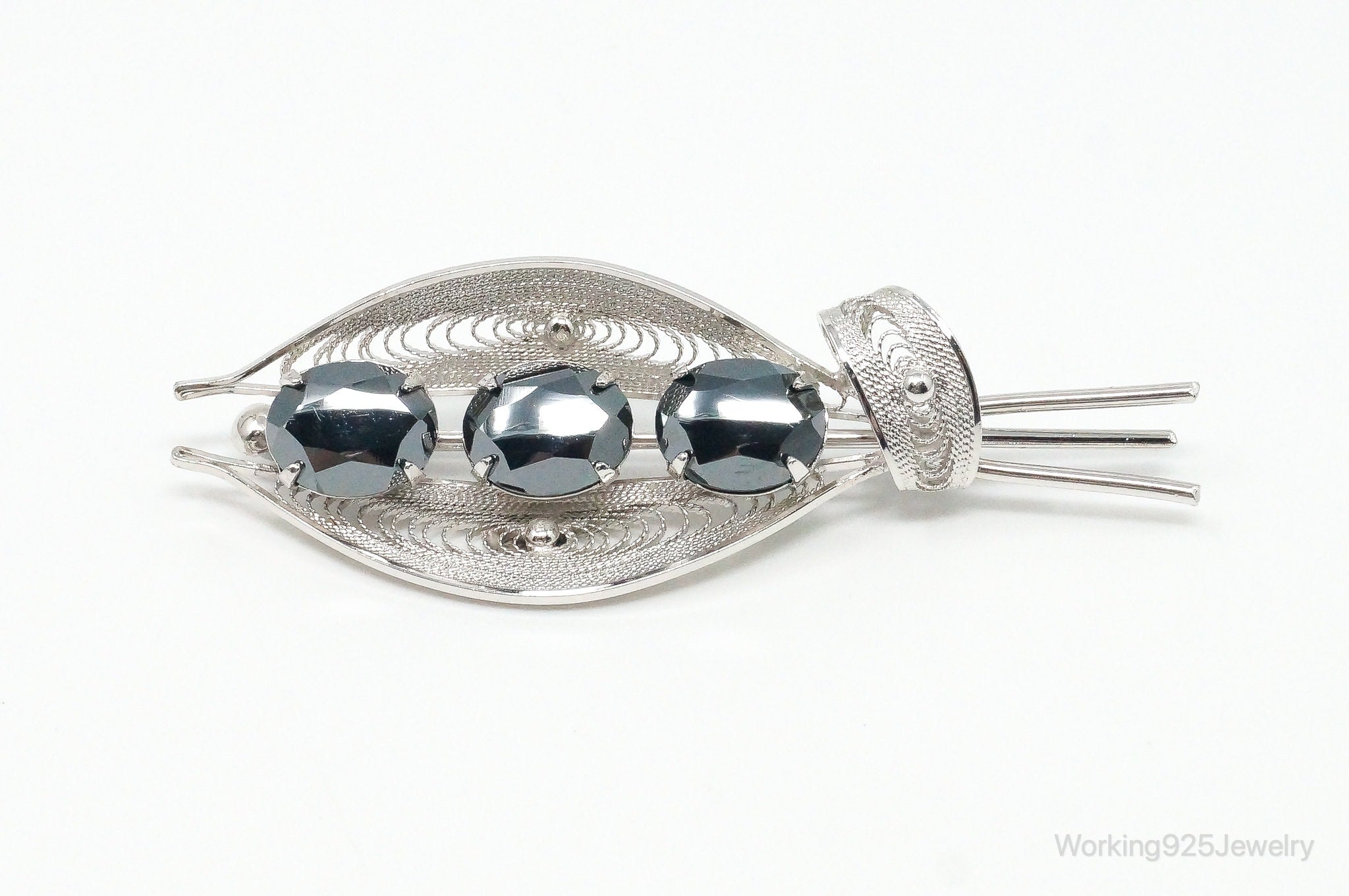 Vintage Designer Sorrento Hematite Filigree Sterling Silver Brooch Pin