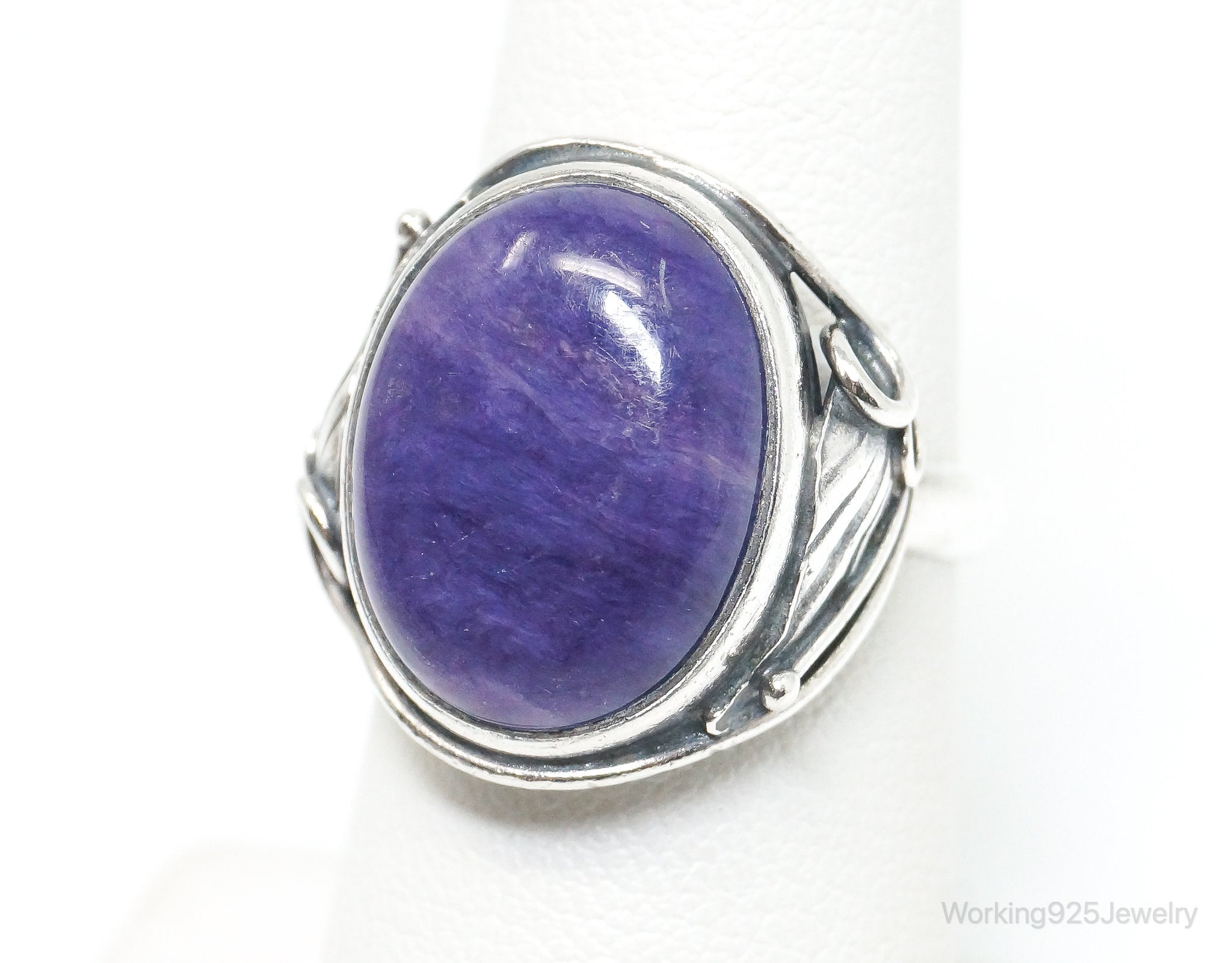 Vintage Designer WS Large Charoite Modernist Sterling Silver Ring - Size 6.5