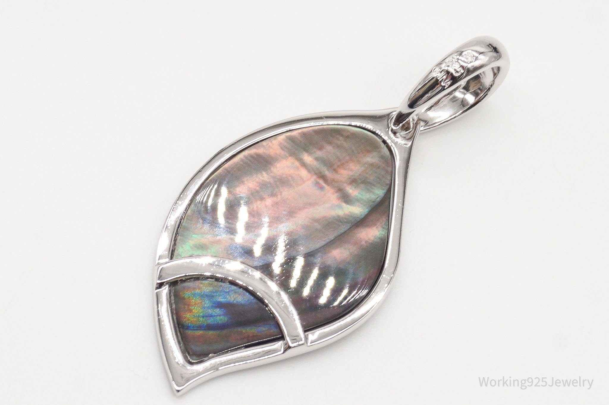 Large Vintage Carved Abalone Shell Sterling Silver Leaf Pendant