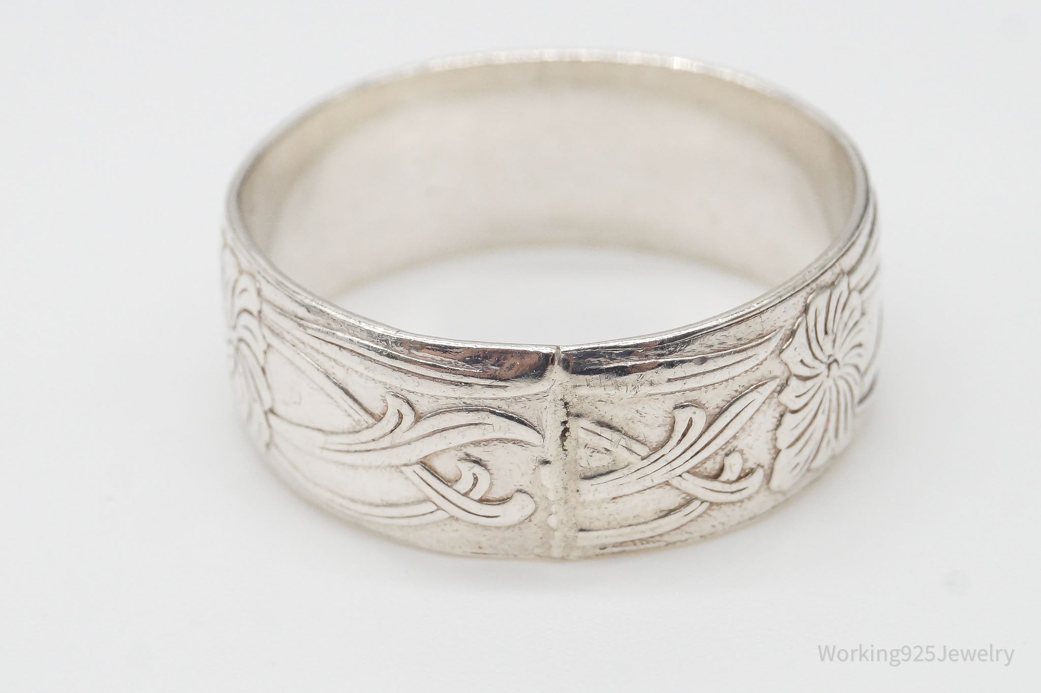 Antique Floral Art Nouveau Silver Band Ring - Size 9.75