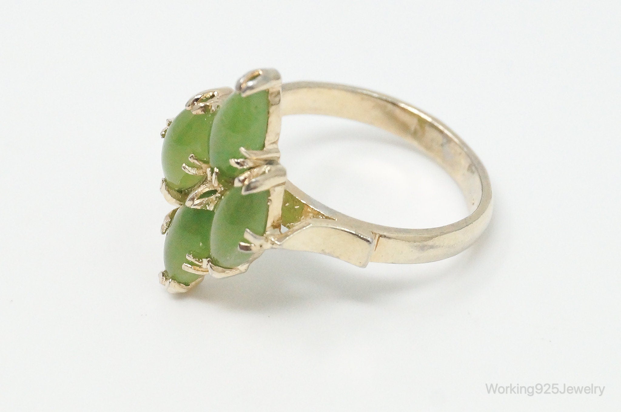 Antique Prehnite Art Deco Gold Vermeil Sterling Silver Ring - Size 5.75