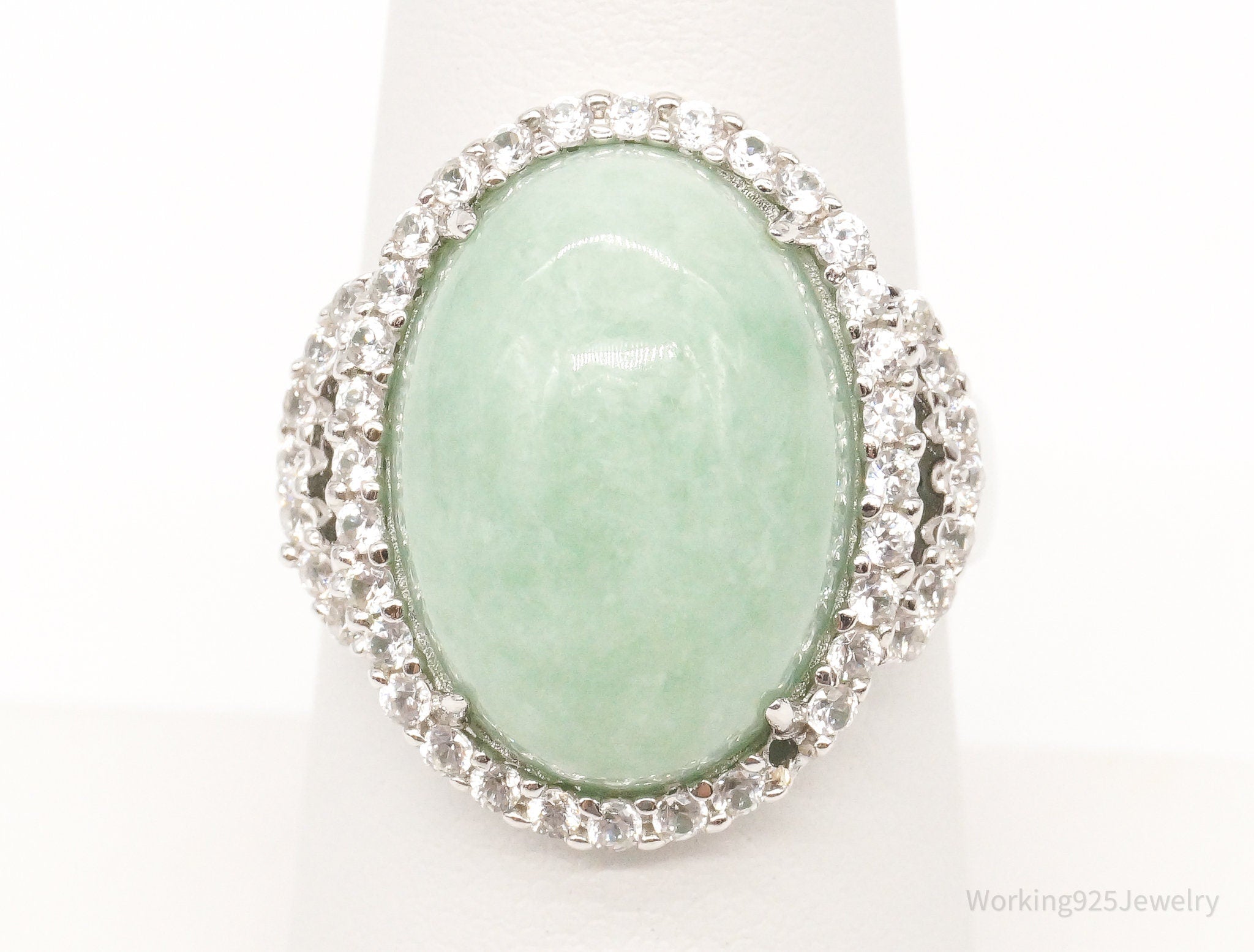 Vintage Green Jade Cubic Zirconia Sterling Silver Ring - Size 7