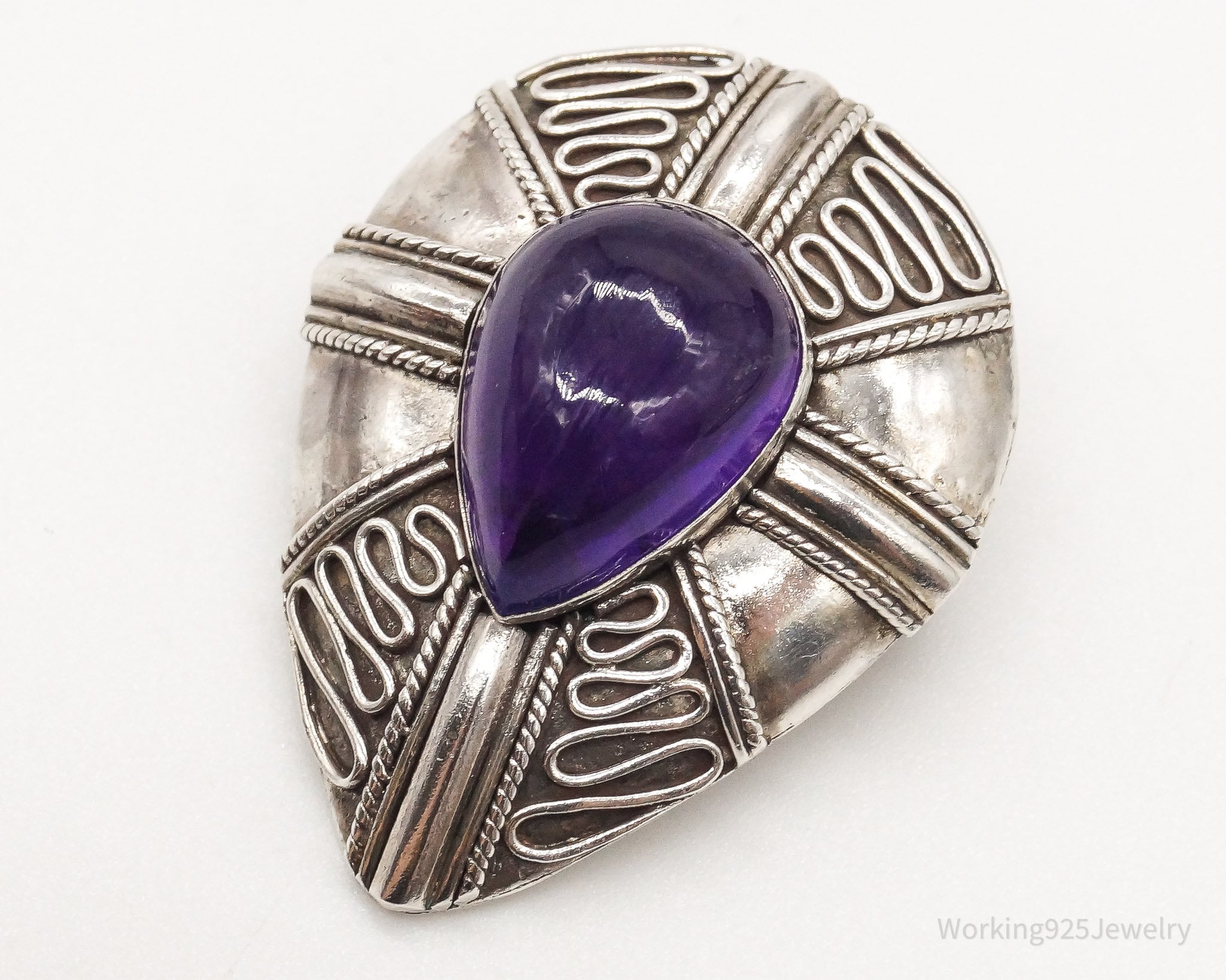 Vintage Amethyst Bali Sterling Silver Brooch Pin Pendant