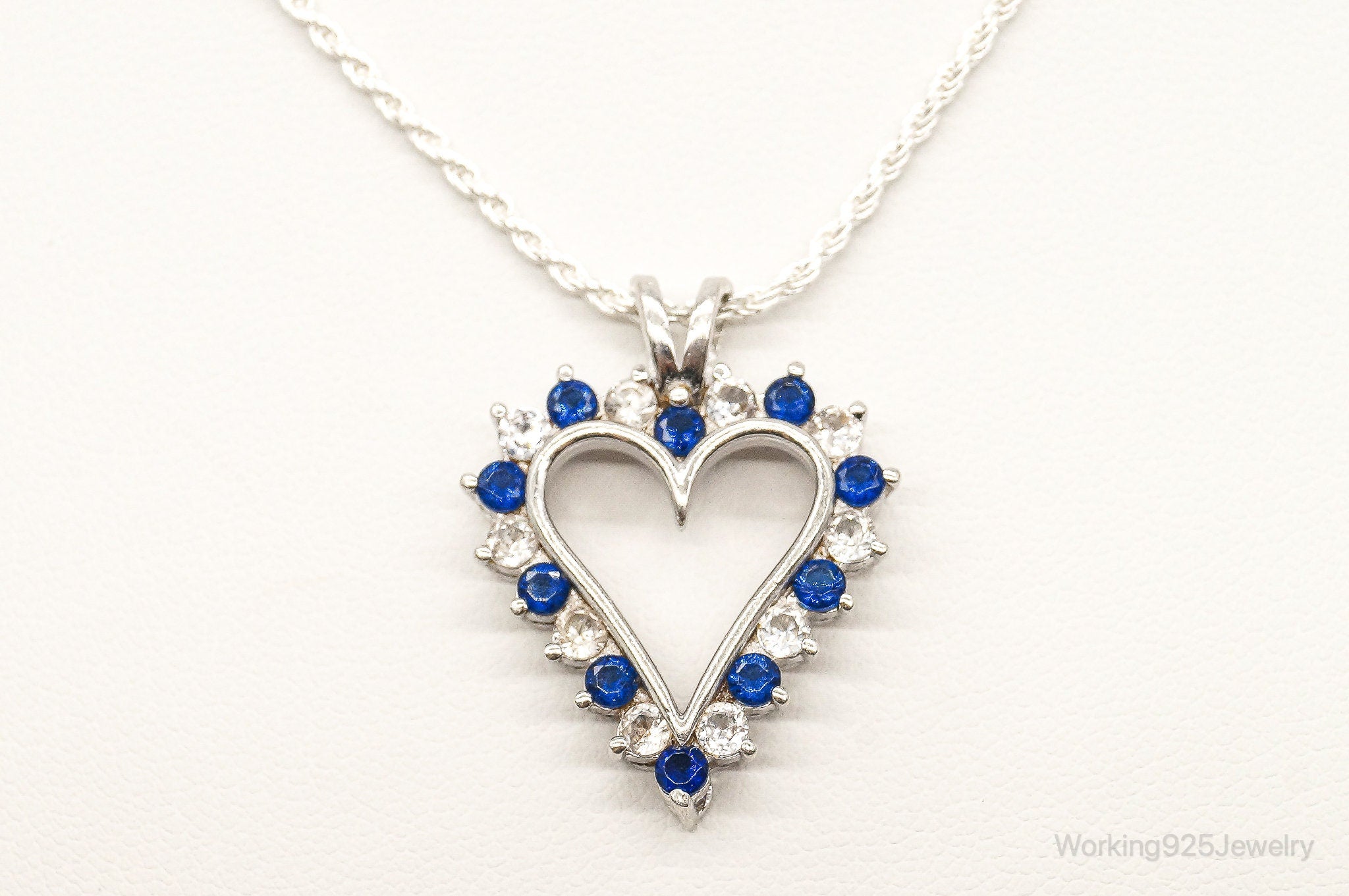 Blue & White Cubic Zirconia Heart Sterling Silver Necklace