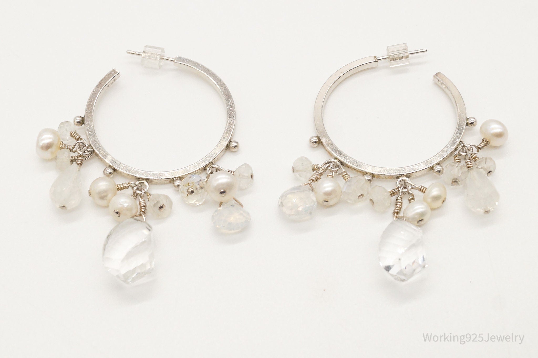 Vintage Crystal Quartz Pearl Moonstone Sterling Silver Hoop Earrings