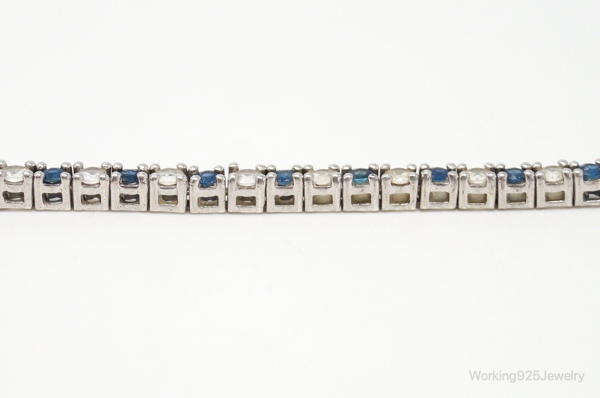 Vintage Art Deco Blue Sapphire Cubic Zirconia Sterling Silver Tennis Bracelet