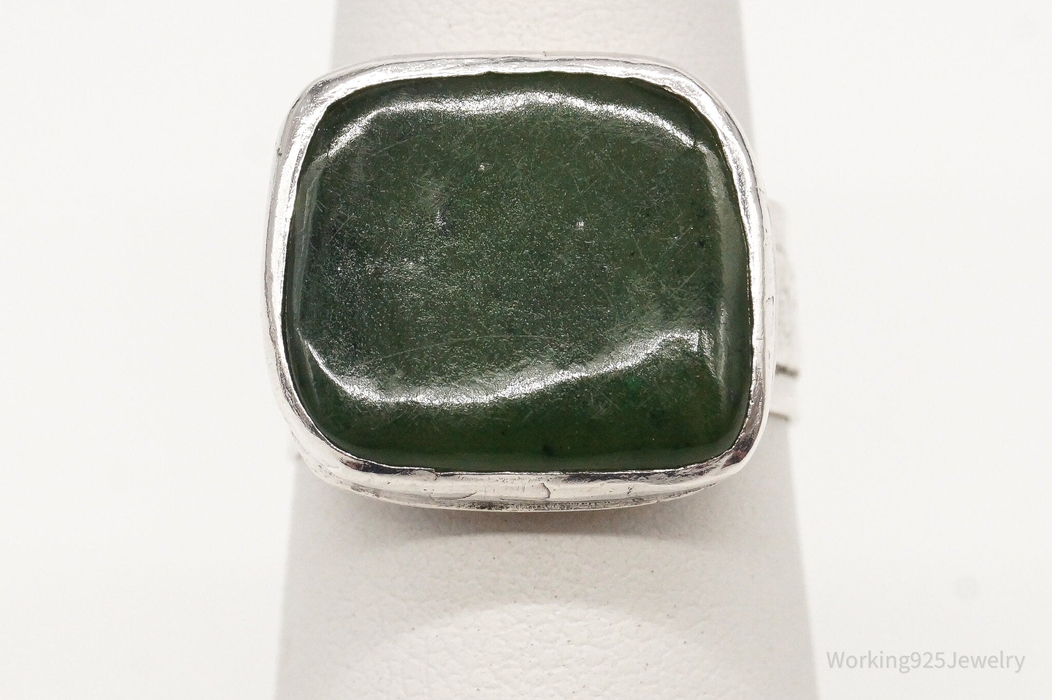 Vintage Green Jade Silver Ring - Size 4.75