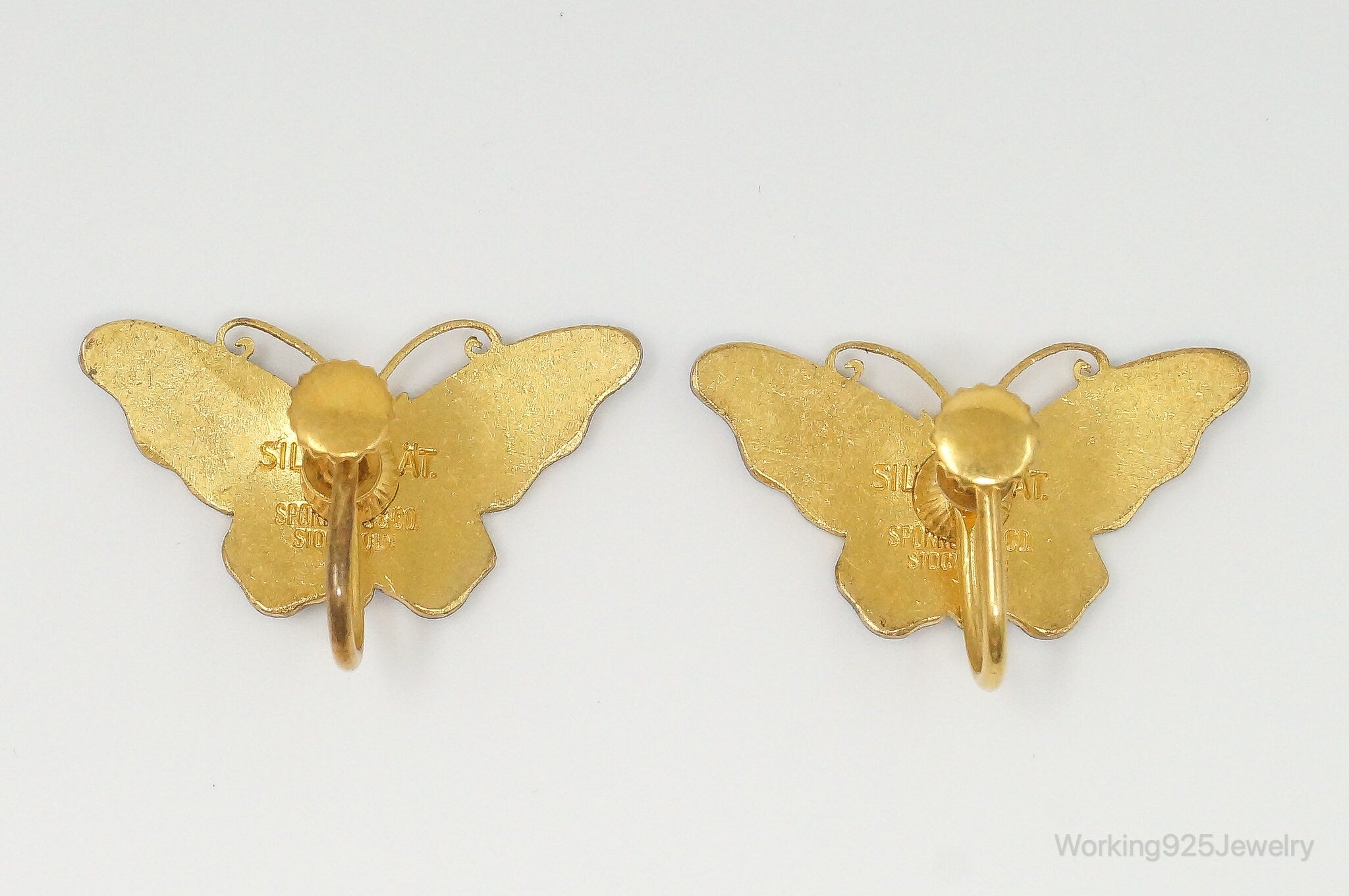 Vintage Blue Enamel Butterflies Gold Vermeil Silver Screw Back Earrings