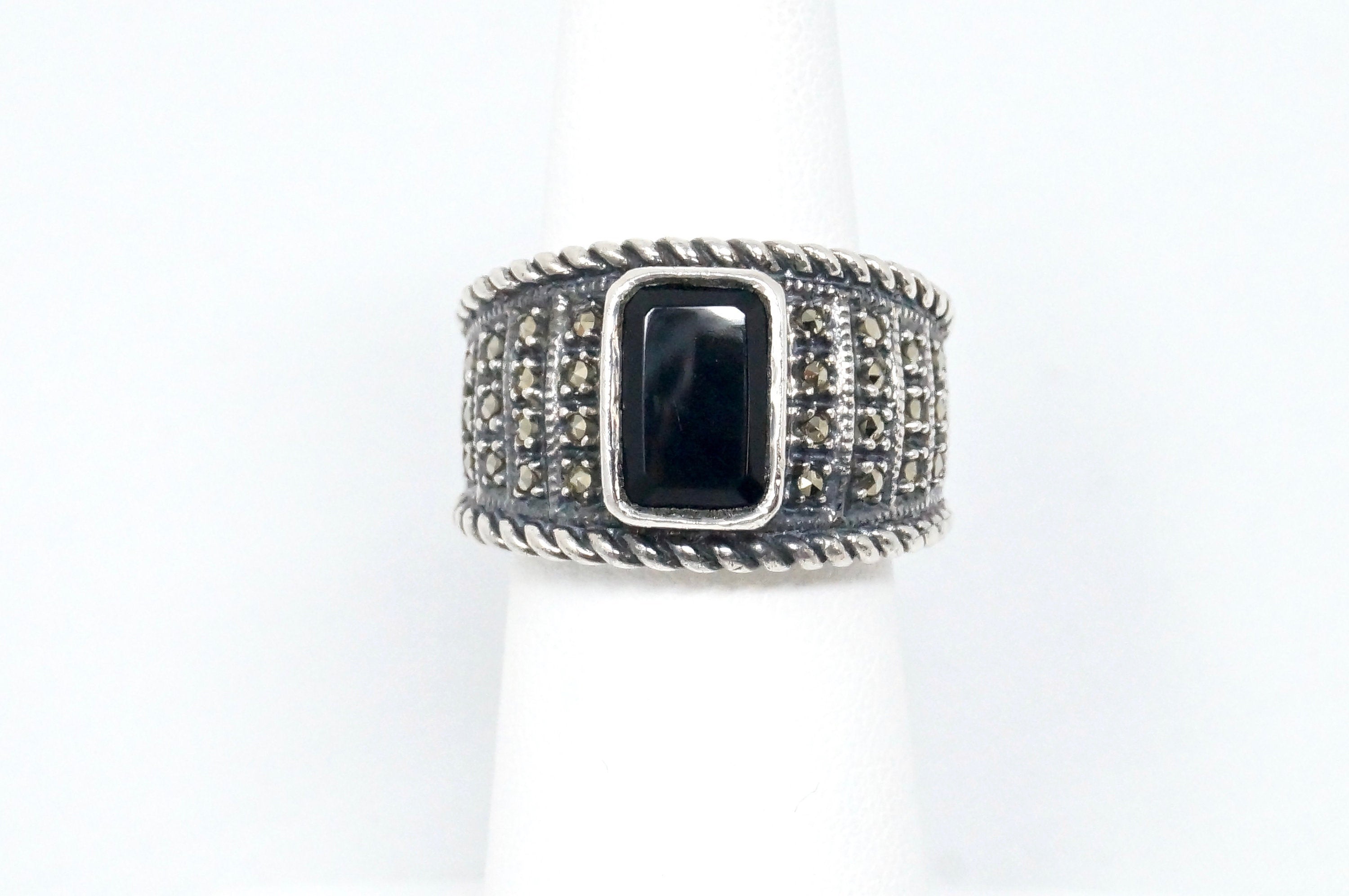 Vintage Designer Judith Jack Black Onyx Marcasite Sterling Silver Ring - Size 5