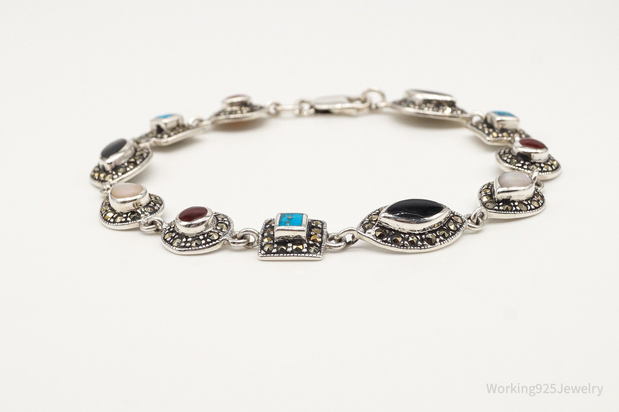 Vintage Art Deco Multiple Gemstone Sterling Silver Bracelet