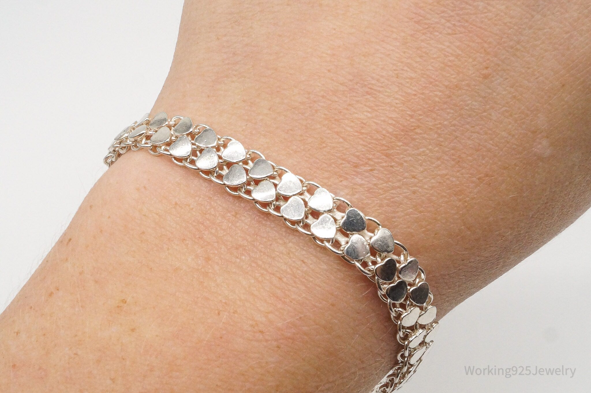 Vintage Hearts Mesh Chain Link Silver Bracelet