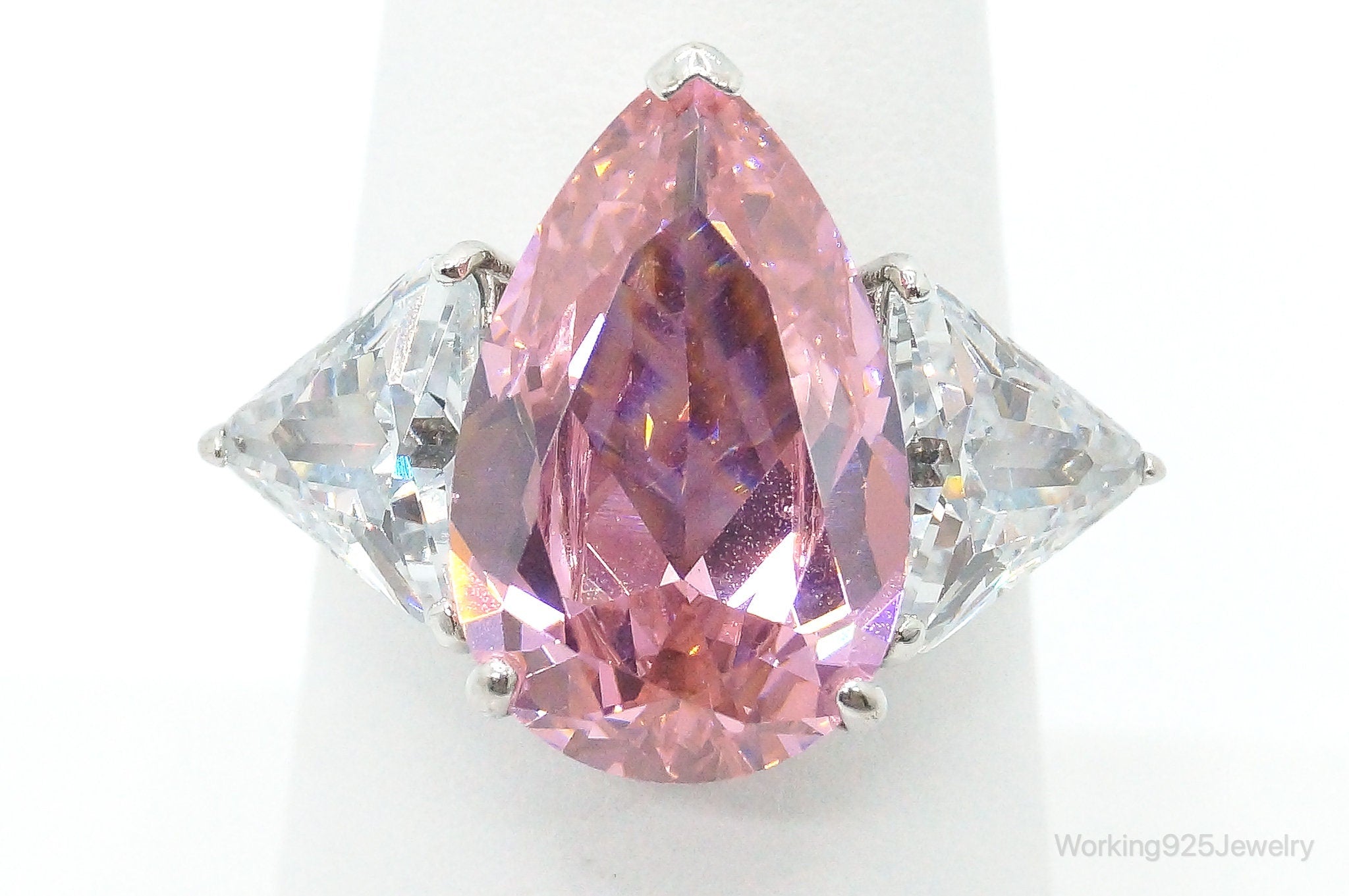 Large Pink Topaz & Cubic Zirconia Sterling Silver Ring - Size 7.25