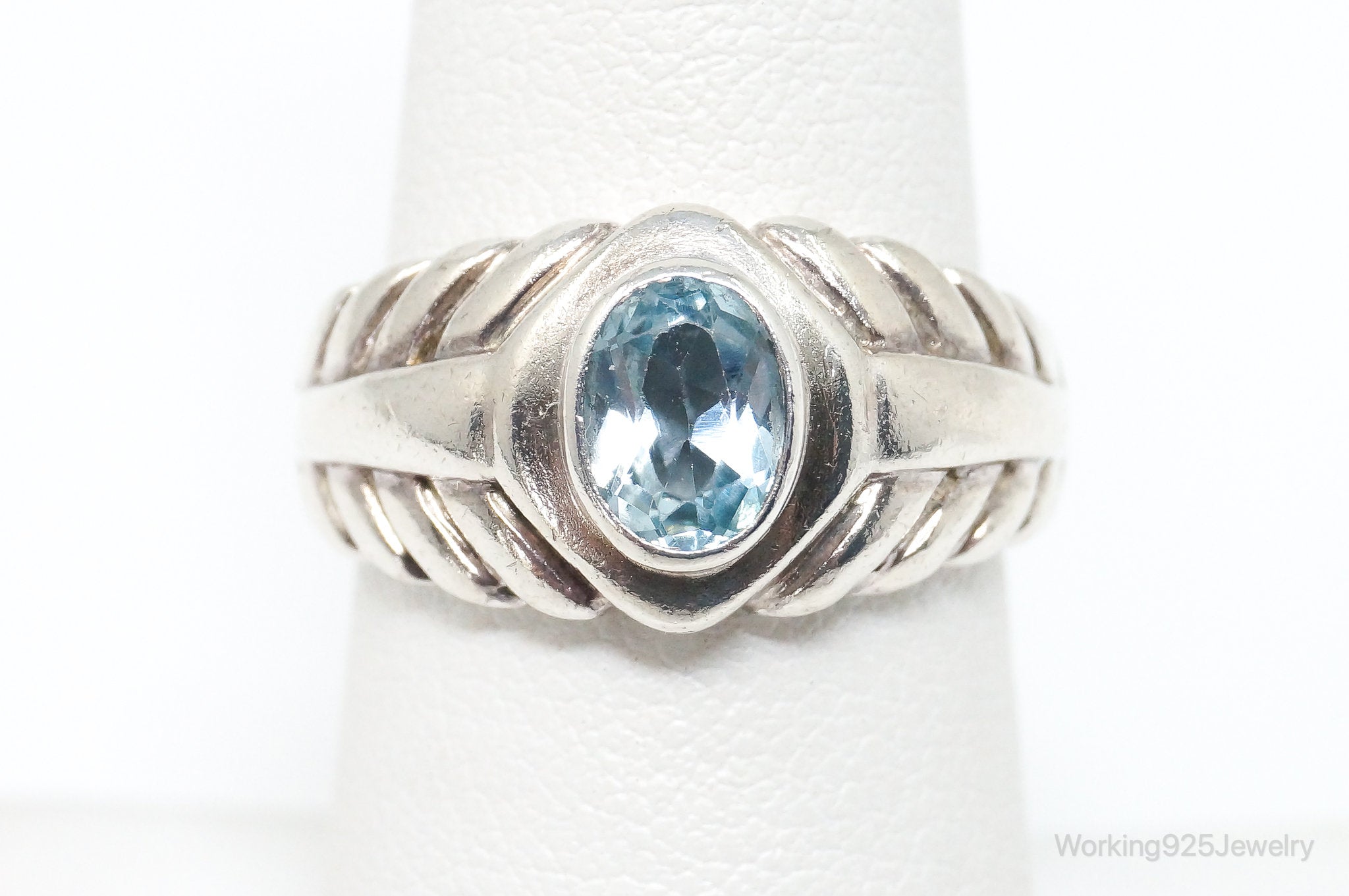 Vintage Art Deco Style Blue Topaz Sterling Silver Ring - SZ 7