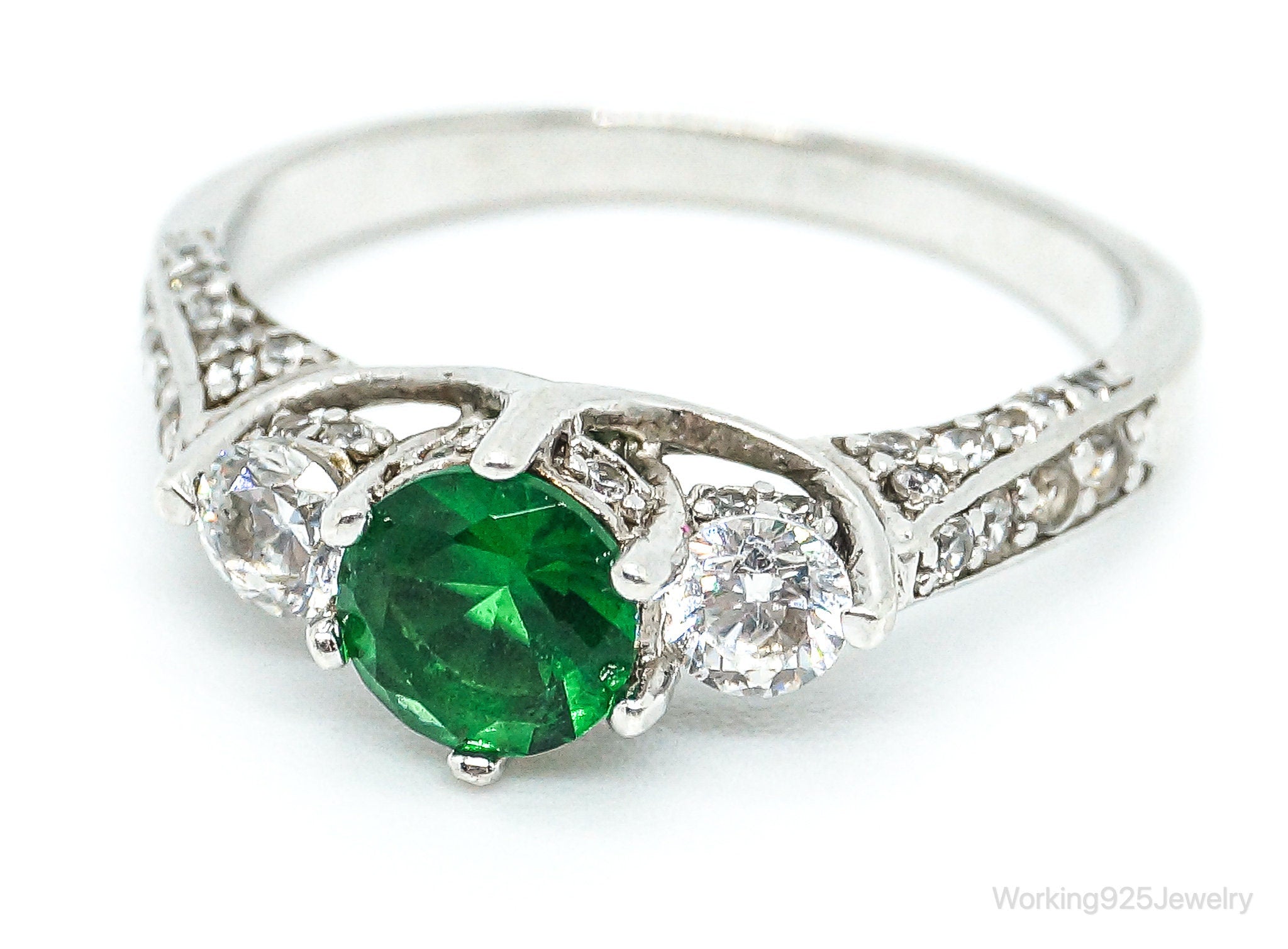 Vintage Lab Emerald Cubic Zirconia Sterling Silver Ring - Size 9