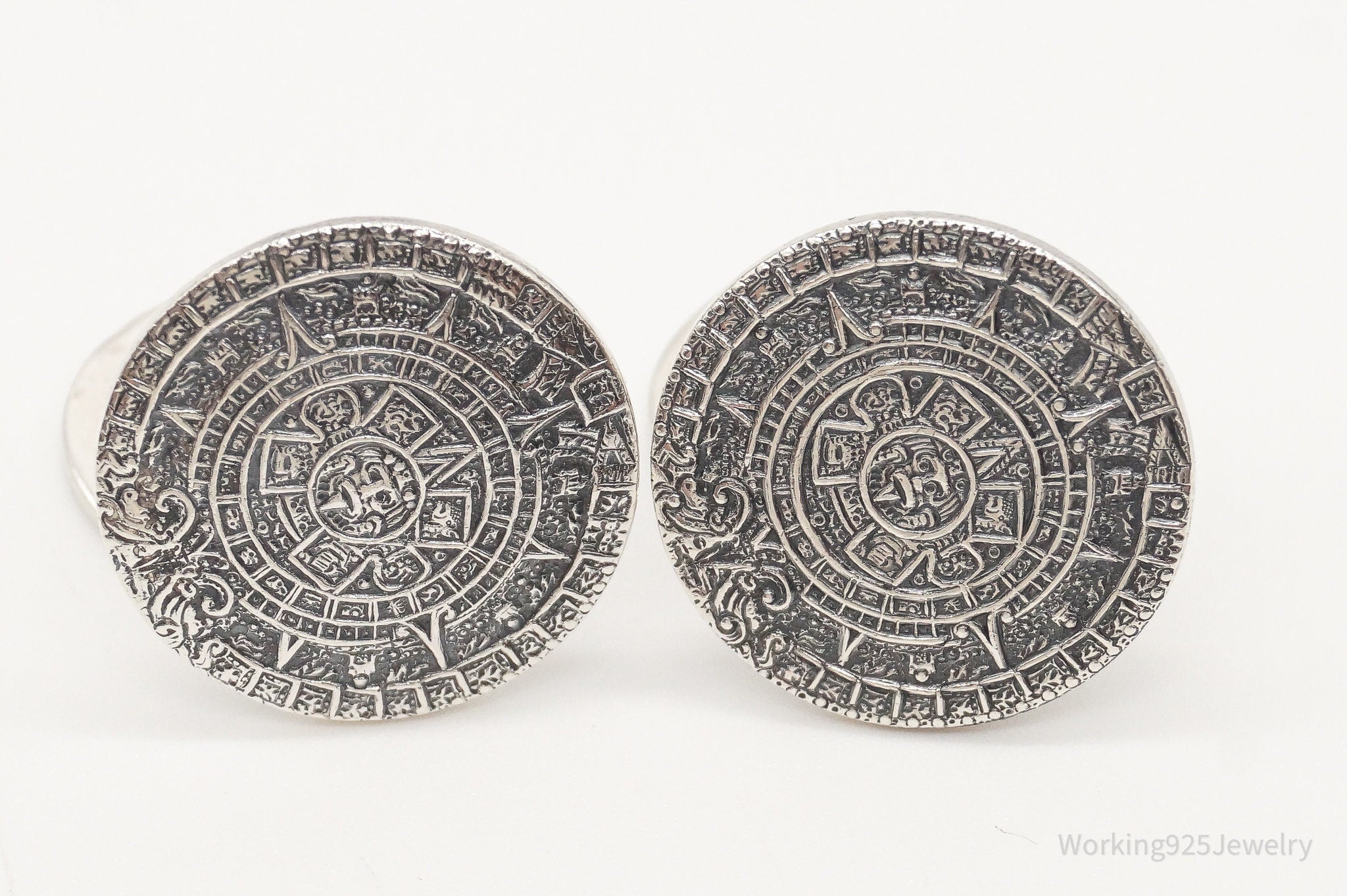 Large Vintage Mexico Mayan Calendar Sterling Silver Cufflinks