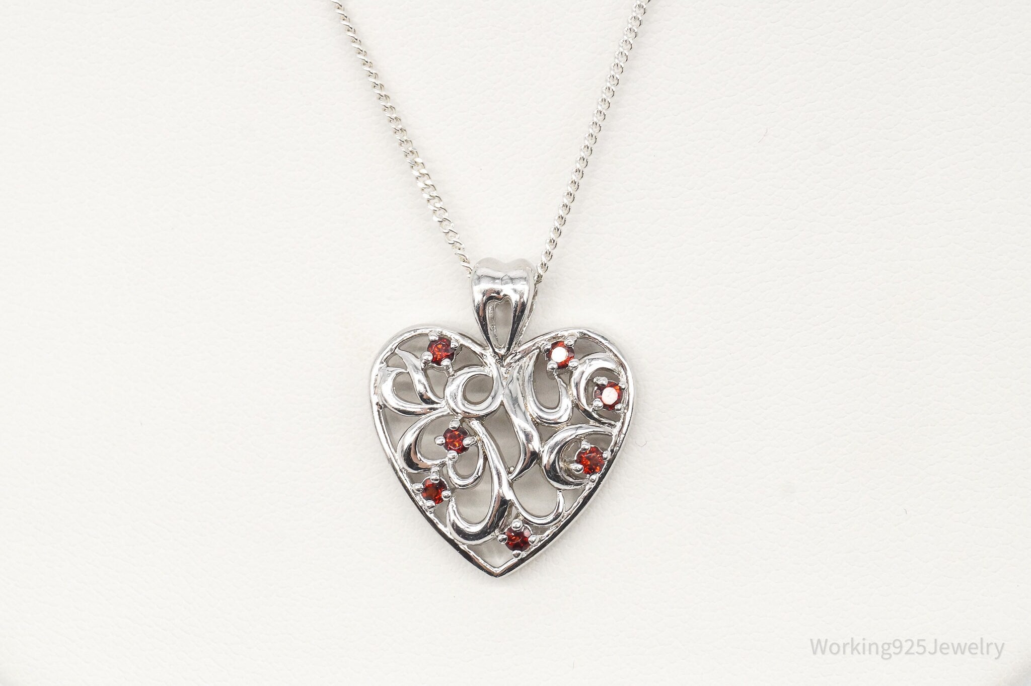 Vintage Garnet Heart Sterling Silver Necklace