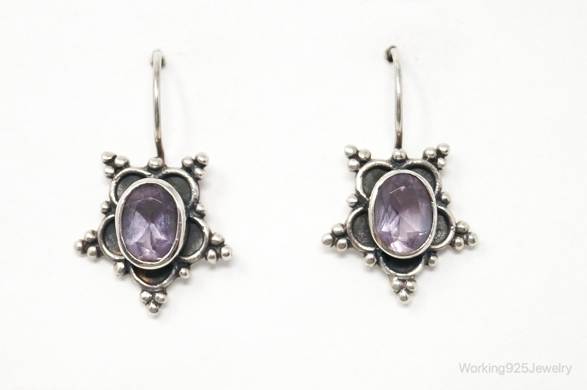 Vintage Amethyst Bali Design Sterling Silver Earrings