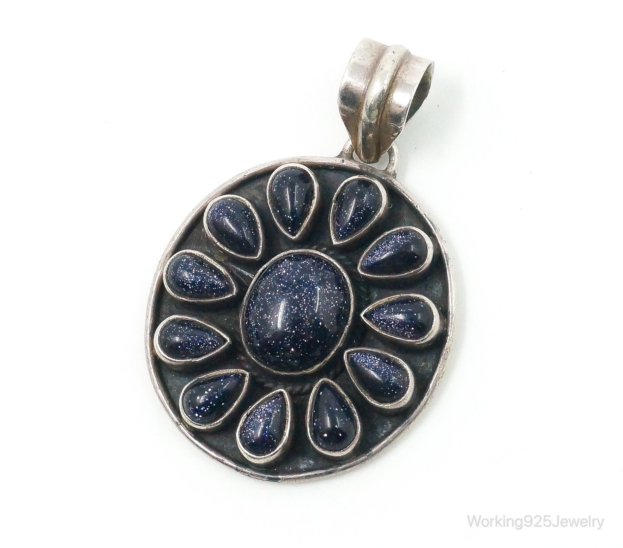 Vintage Blue Goldstone Sterling Silver Southwestern Necklace Pendant