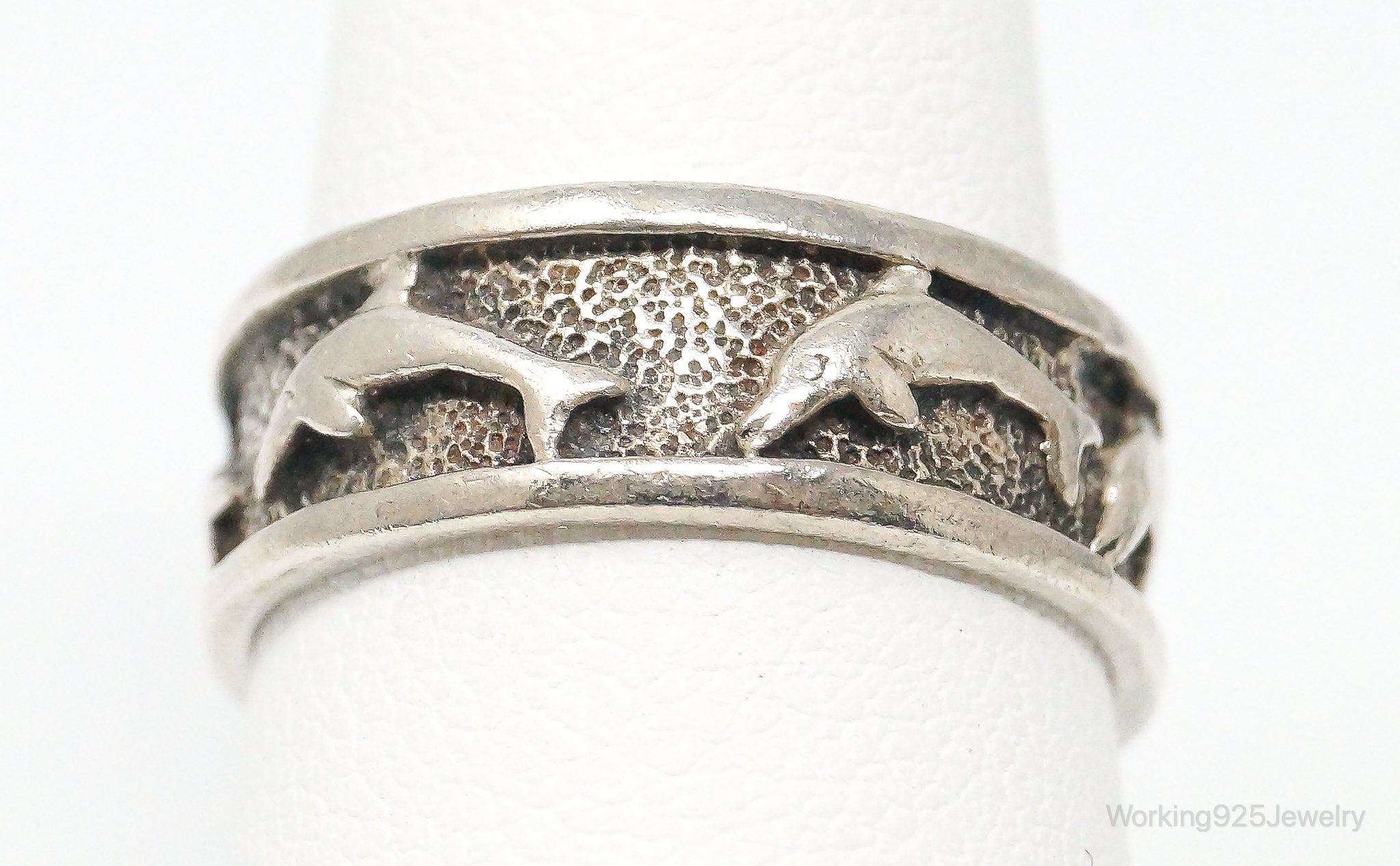 Vintage Designer PSCL Swimming Dolphins Sterling Silver Band Ring - Size 7