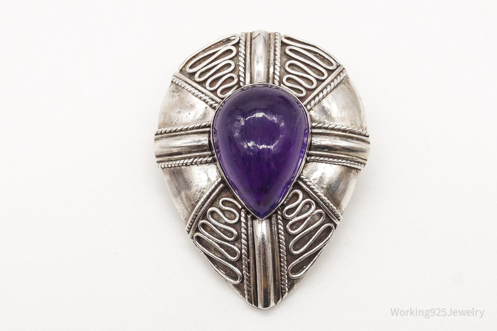 Vintage Amethyst Bali Sterling Silver Brooch Pin Pendant