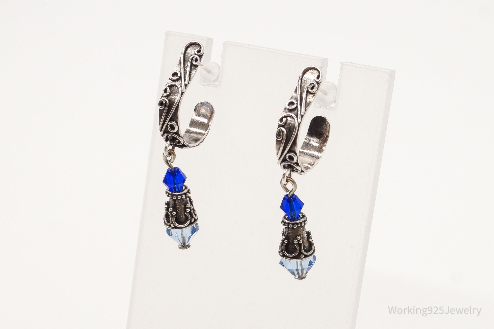 Vintage Bali Inspired Blue Bead Silver Earrings