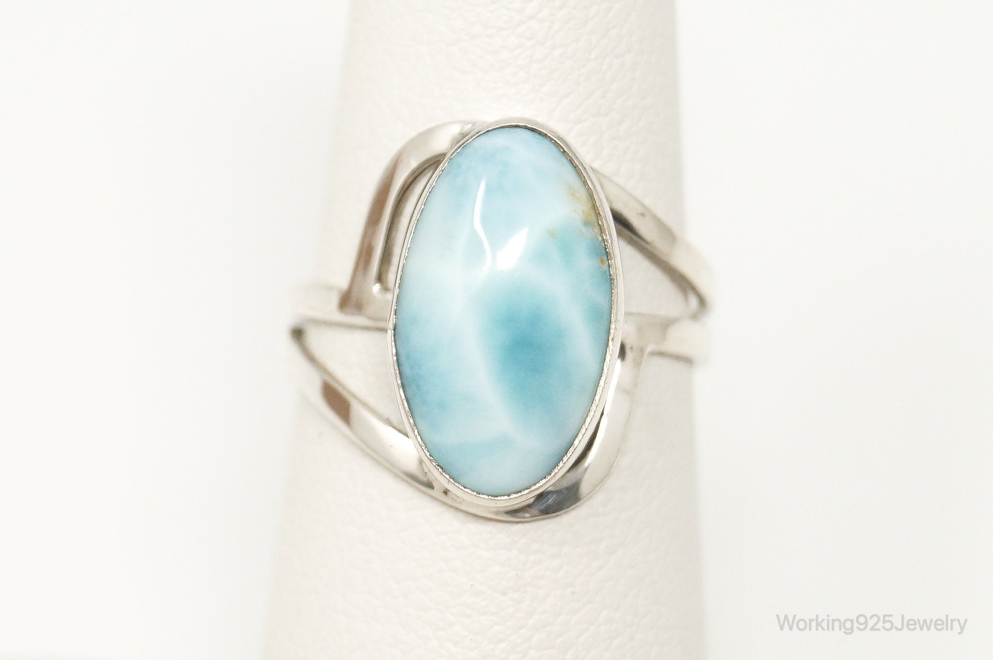 Vintage Blue Larimar Modernist Sterling Silver Ring - Size 6.25