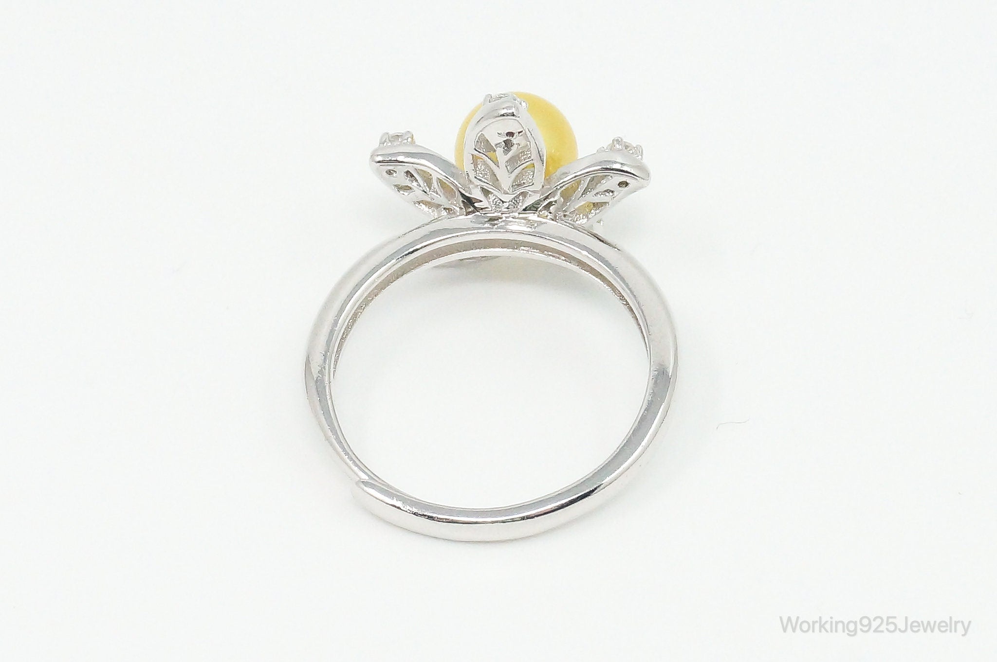 Faux Yellow Pearl Cubic Zirconia Flower Sterling Silver Ring SZ 5.75 Adjustable