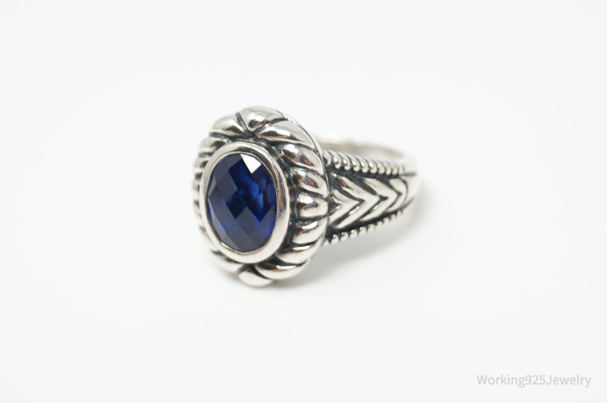 Vintage Art Deco Style Blue Lab Sapphire Sterling Silver Ring - Size 6.75