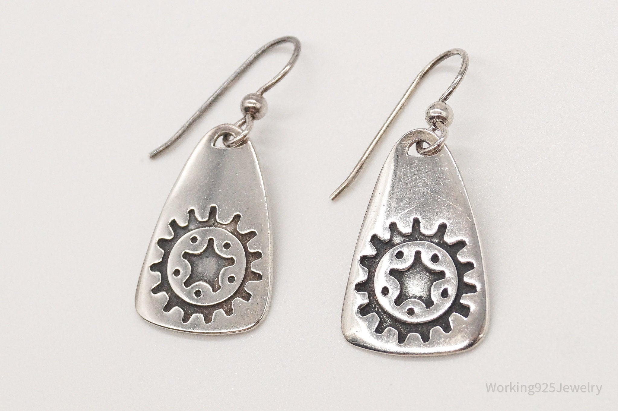 Vintage Designer Gear Tab Tag Sterling Silver Earrings