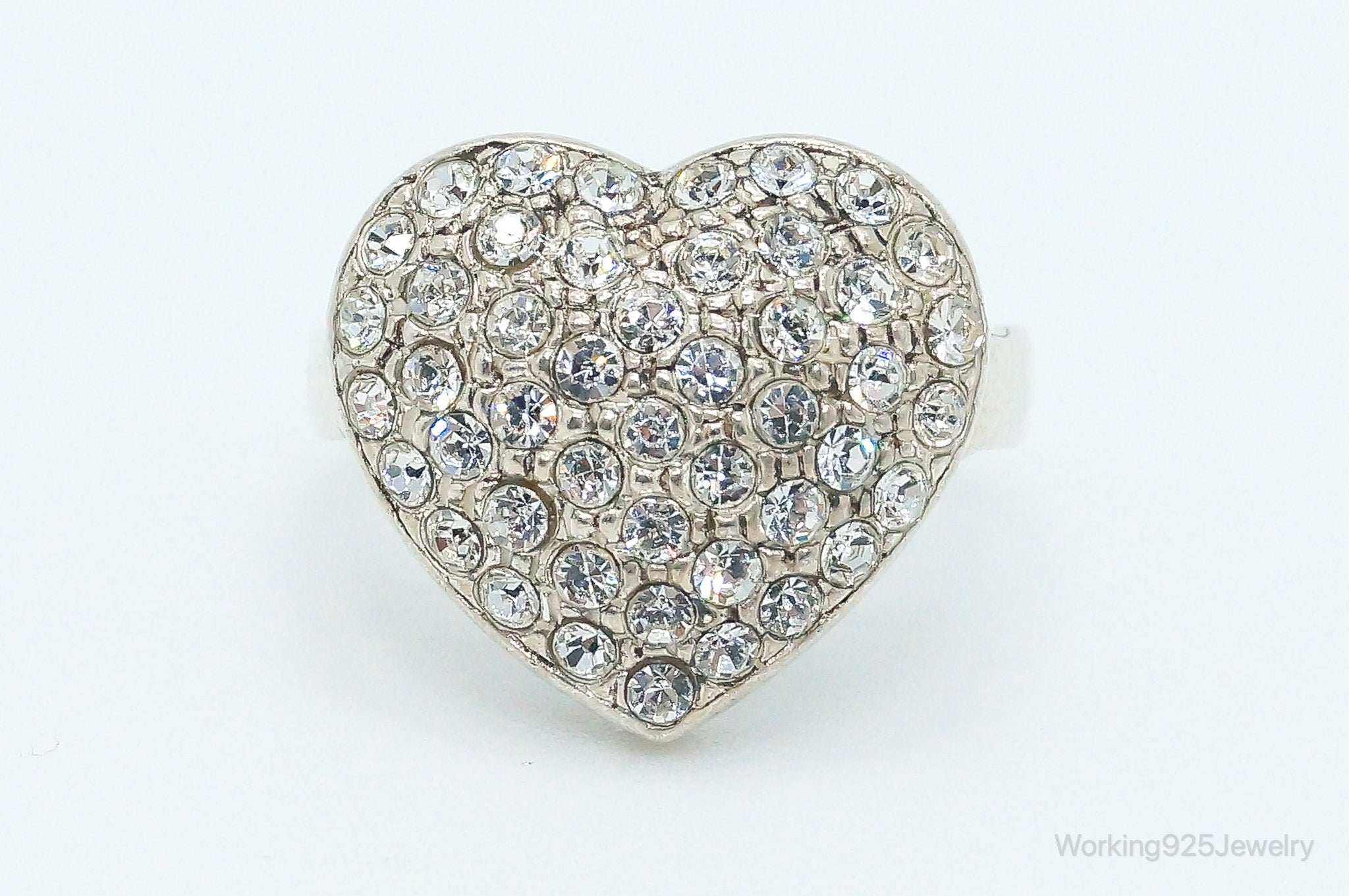 Vintage Cubic Zirconia Heart Silver Ring - Size 4.75