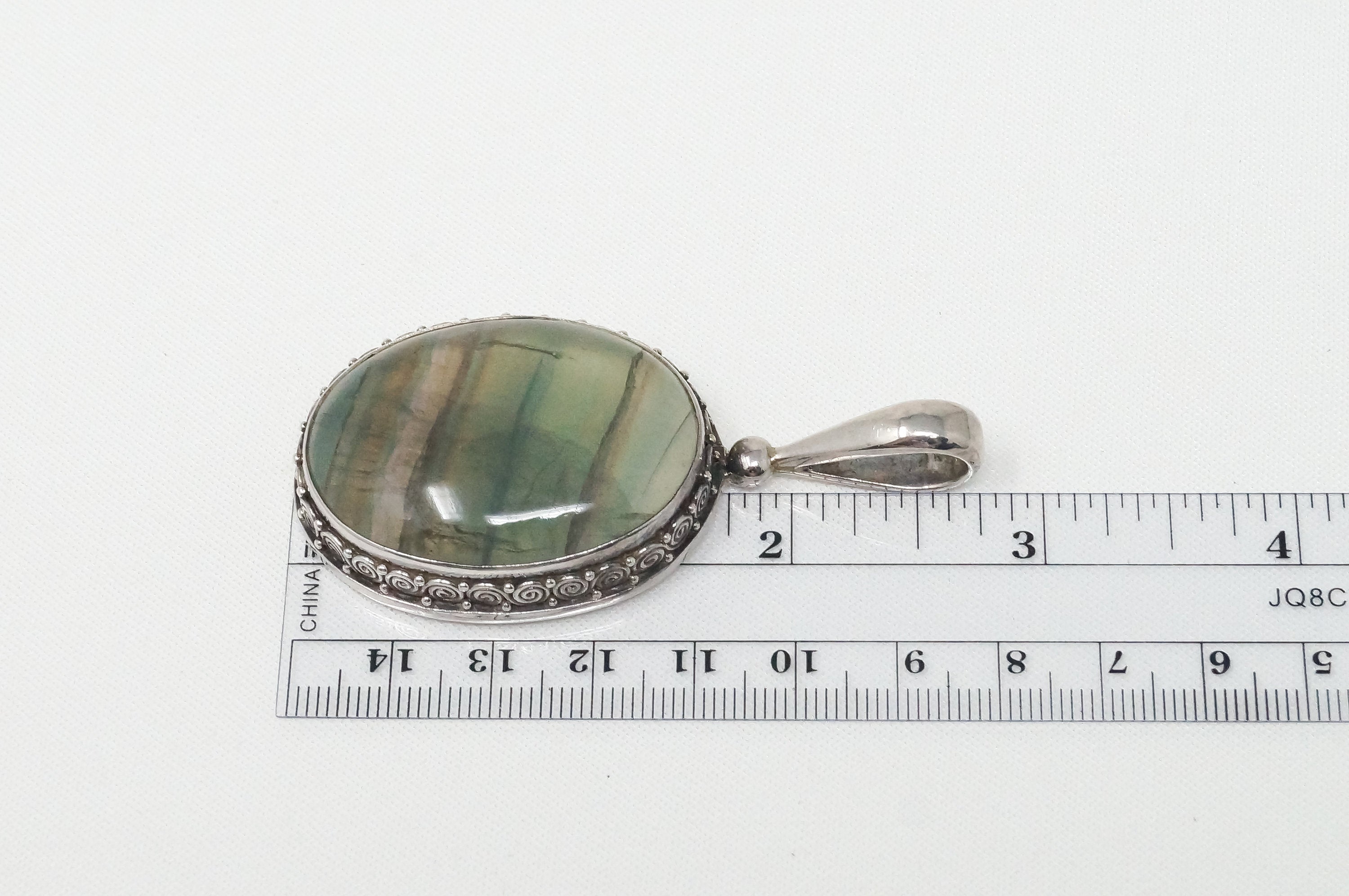 Vintage Designer SAJEN Green Agate Sterling Silver Necklace Pendant