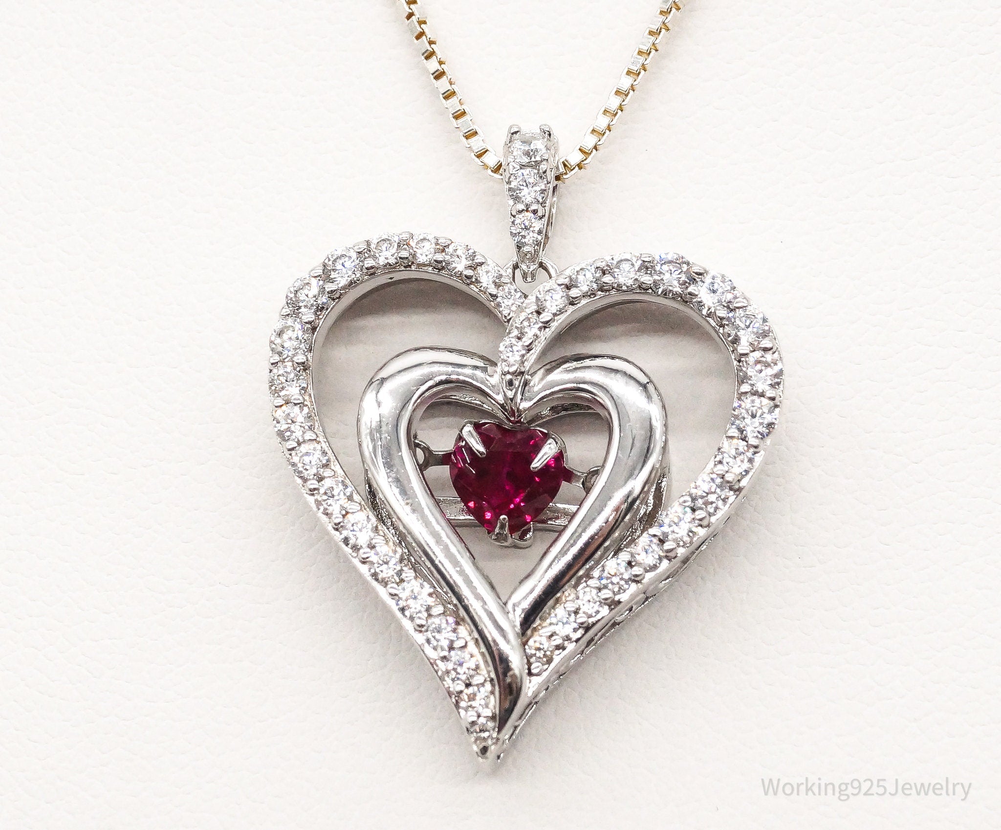 Vintage Designer SUN Ruby Cubic Zirconia Heart Sterling Silver Necklace