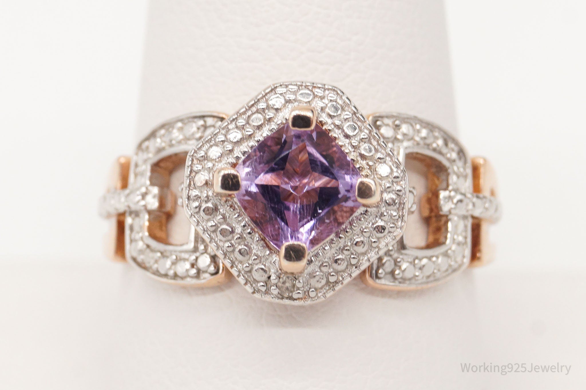 Designer KYJ Amethyst Single Diamond Gold Vermeil Sterling Silver Ring Size 10