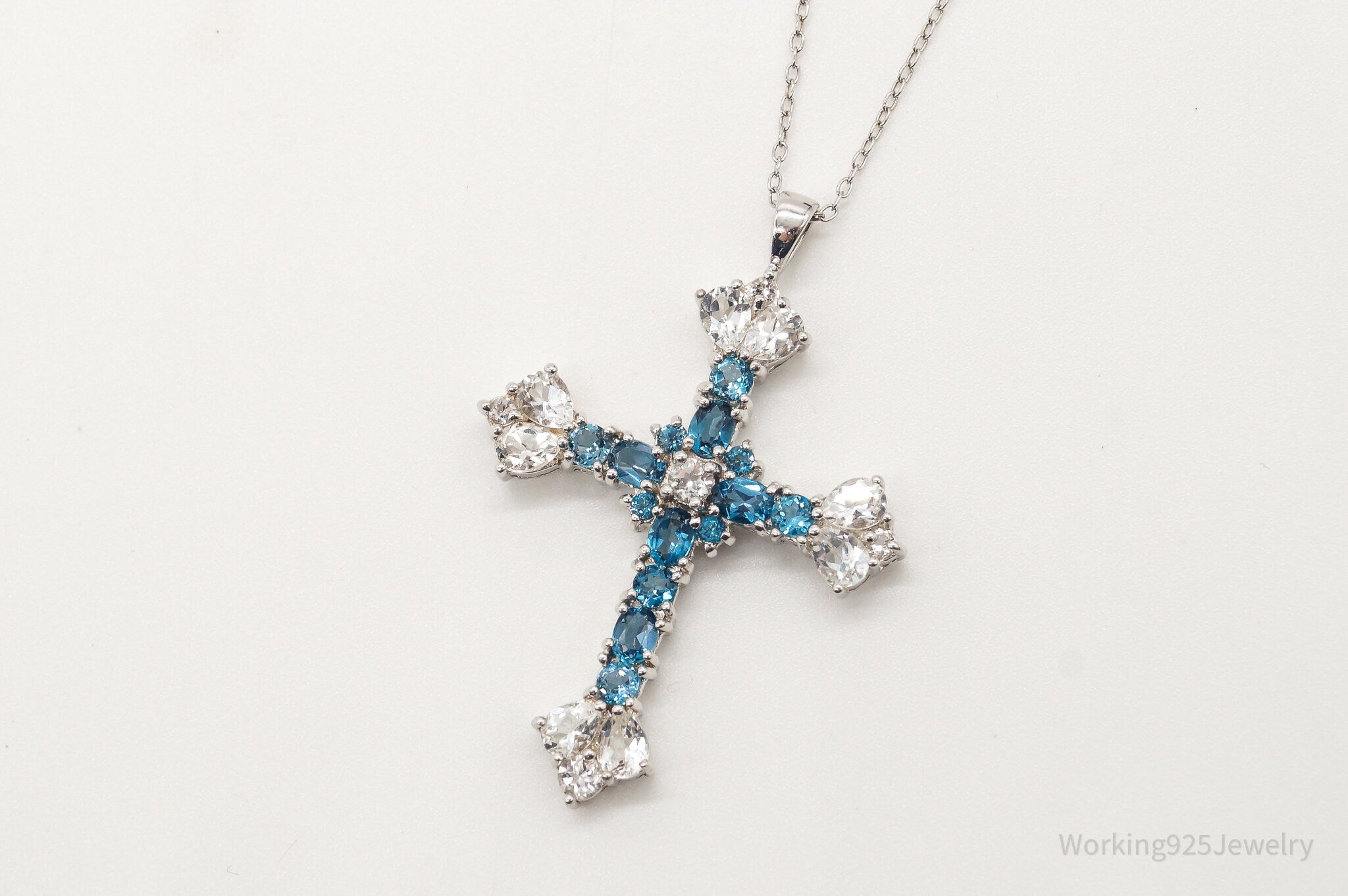 Vintage Blue Topaz Cubic Zirconia Cross Sterling Silver Necklace