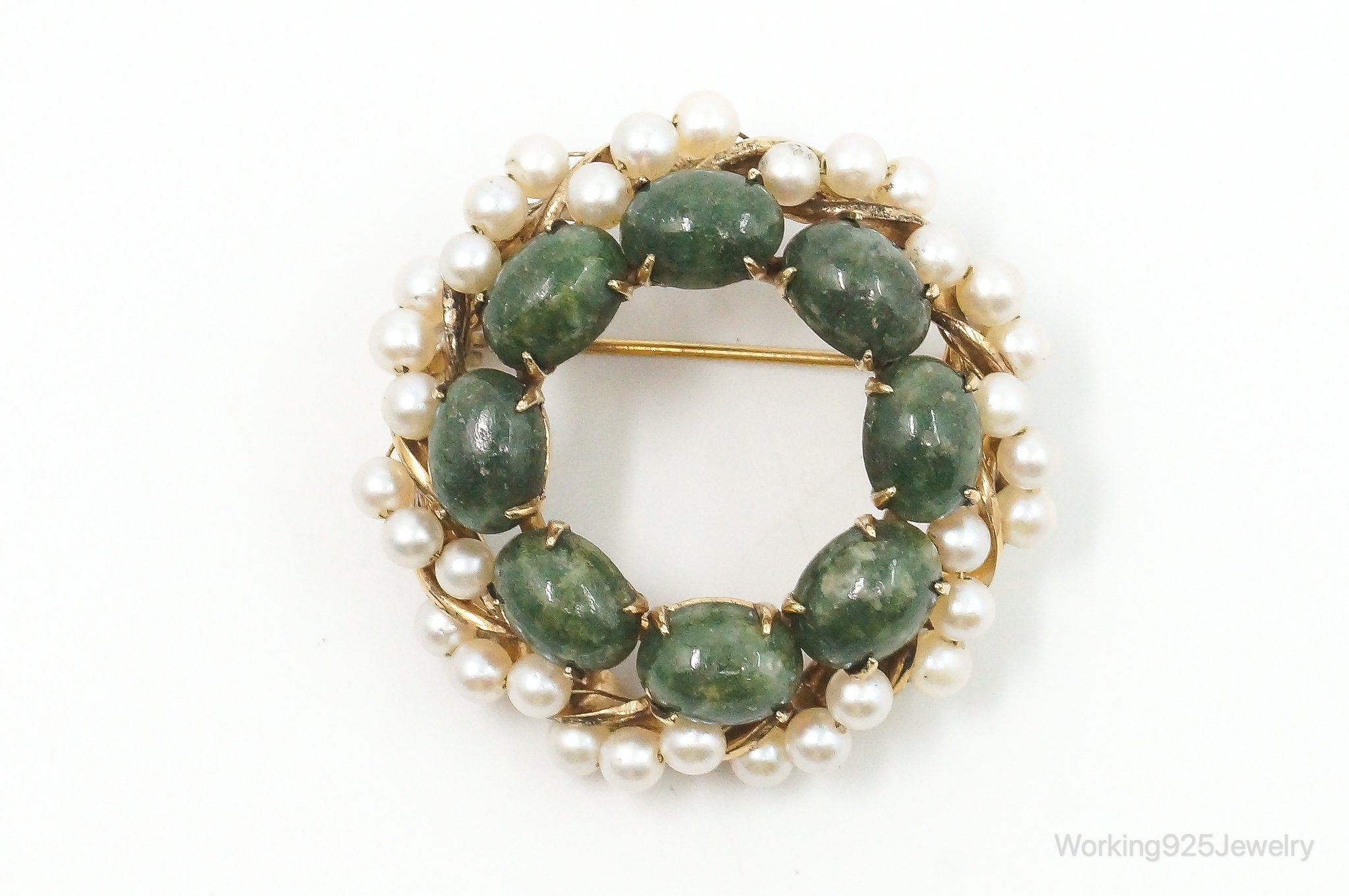 Antique Designer A & Z Gold Filled Jade Faux Pearl Sterling Silver Brooch Pin