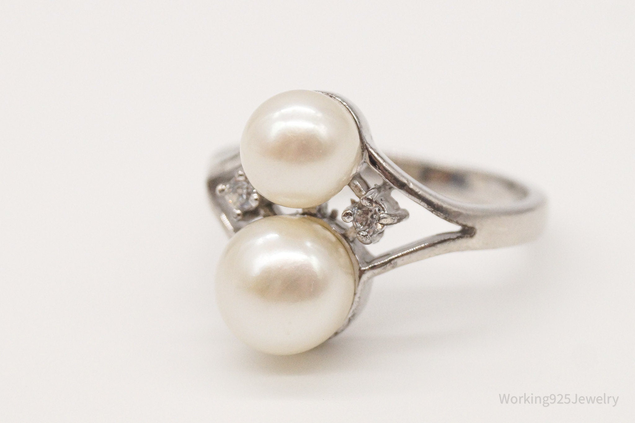 Vintage Faux Pearl Cubic Zirconia Sterling Silver Ring - Size 8