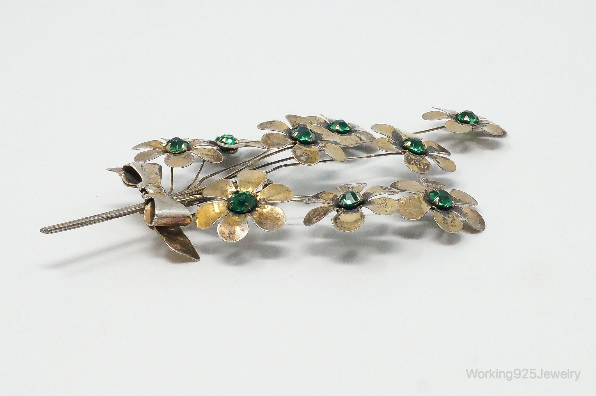 Large Vintage Green Rhinestone Flowers Gold Tone Sterling Silver Brooch Pin