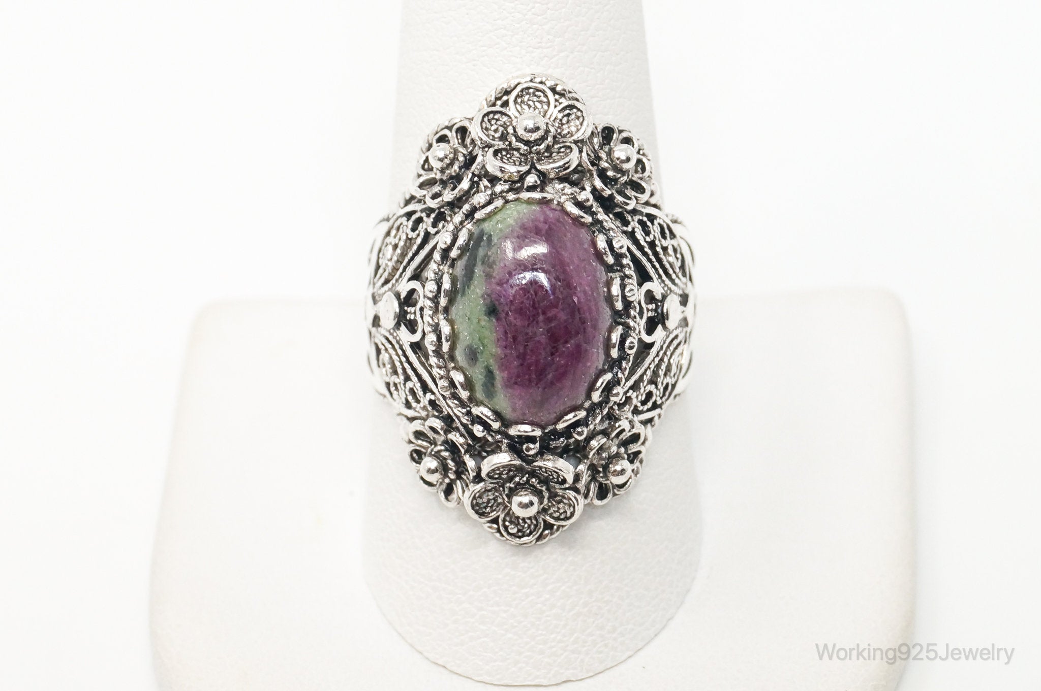 Vintage Designer DGS Ruby Zoisite Filigree Sterling Silver Ring - Size 10