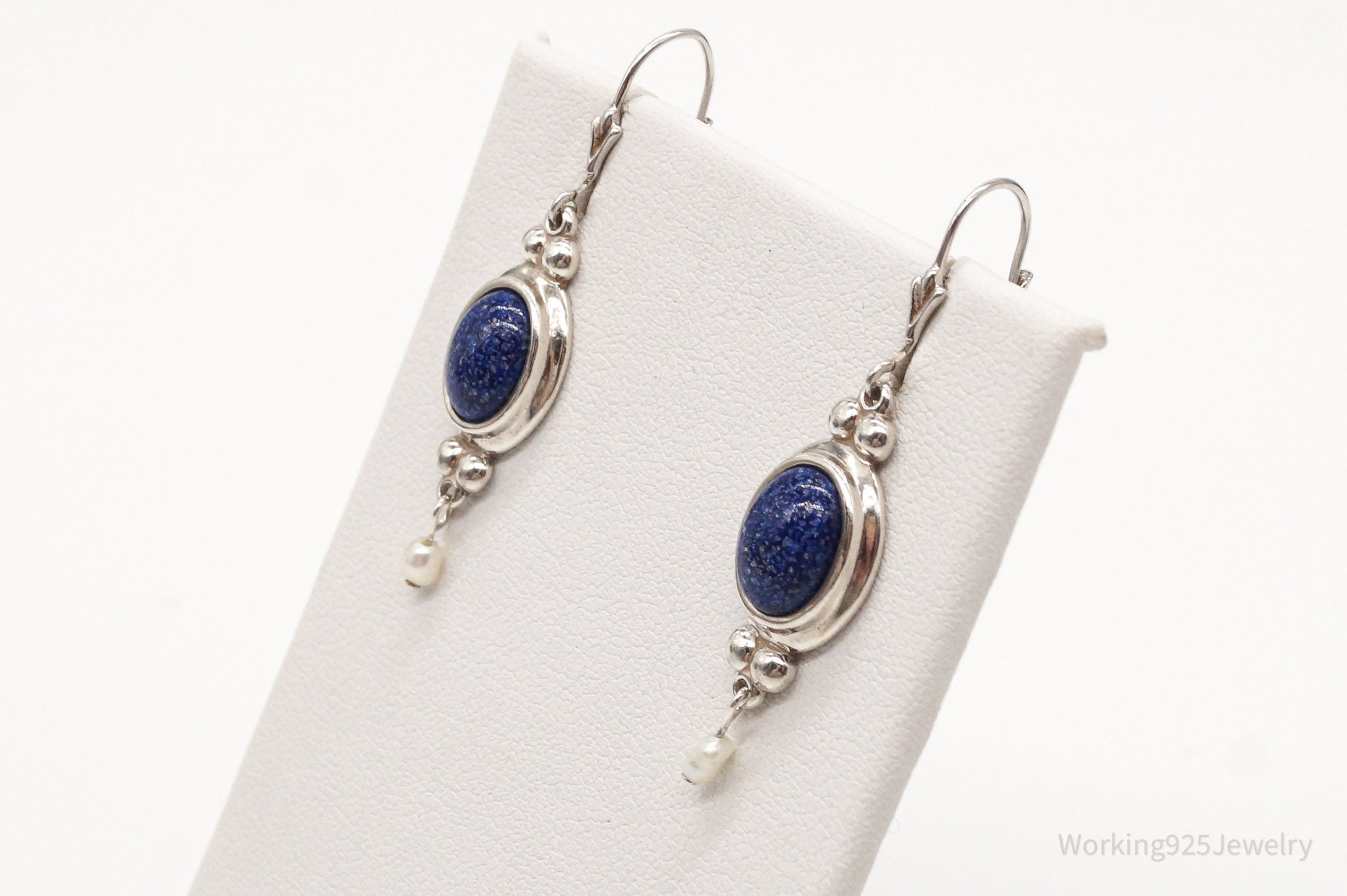 Vintage Designer CCO Lapis Lazuli Pearl Southwestern Sterling Silver Earrings