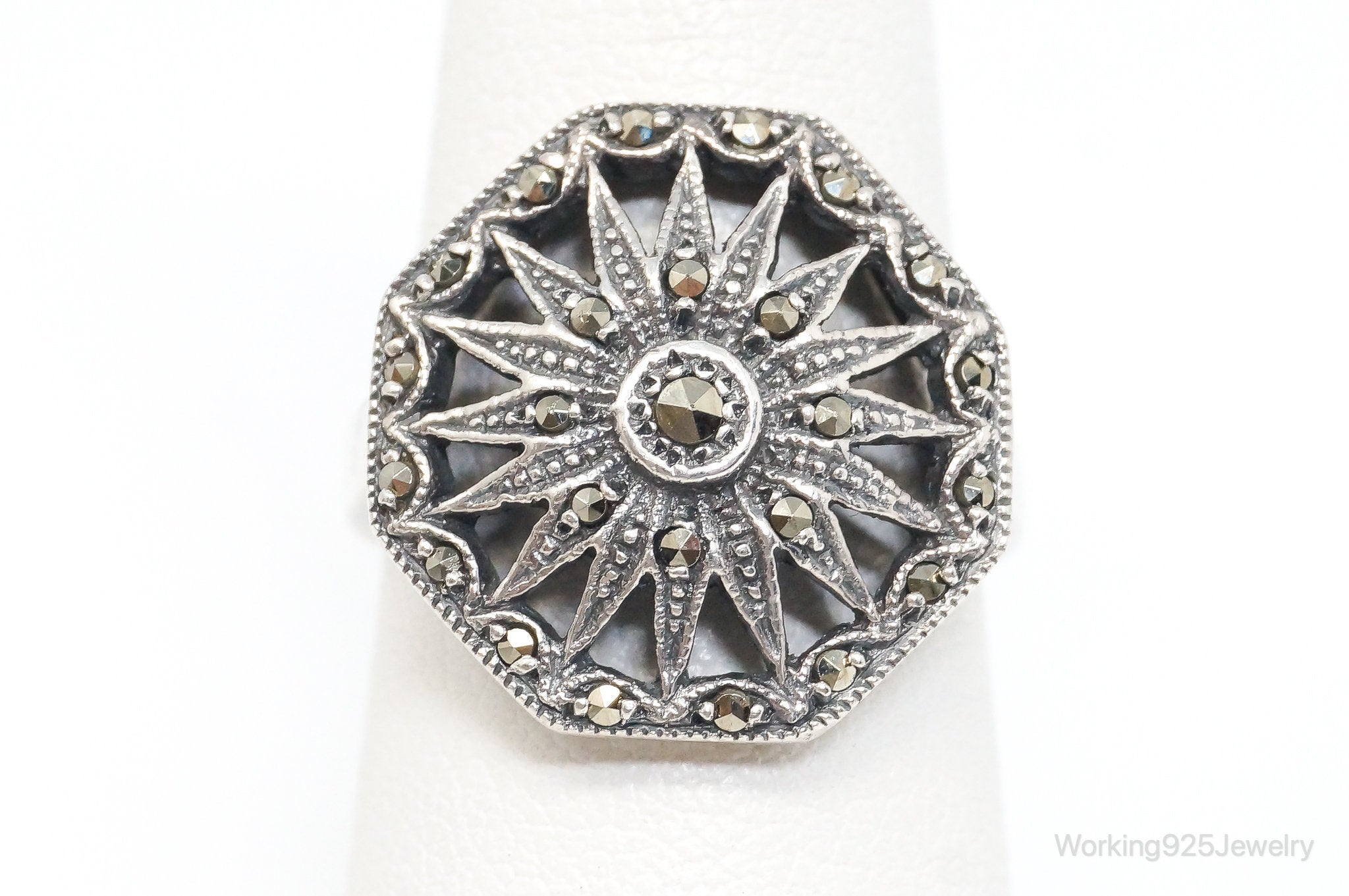 Vintage Designer Marcasite Art Deco Sterling Silver Ring - Size 7.25