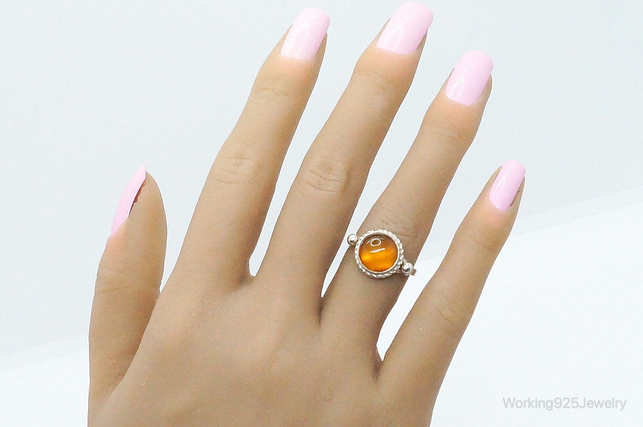 Vintage Amber Sterling Silver Ring - Size 7.25