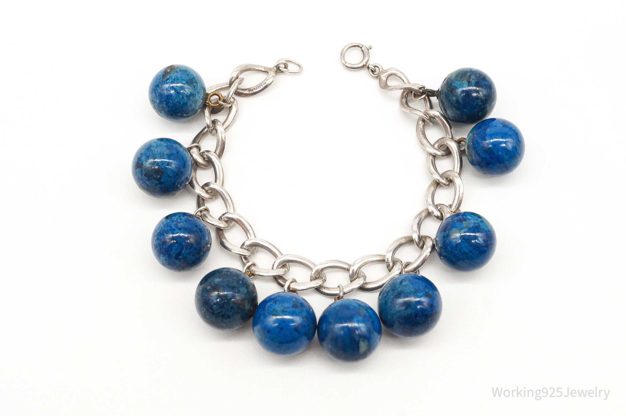 Antique Blue Stone Dangle Balls Sterling Silver Chain Bracelet