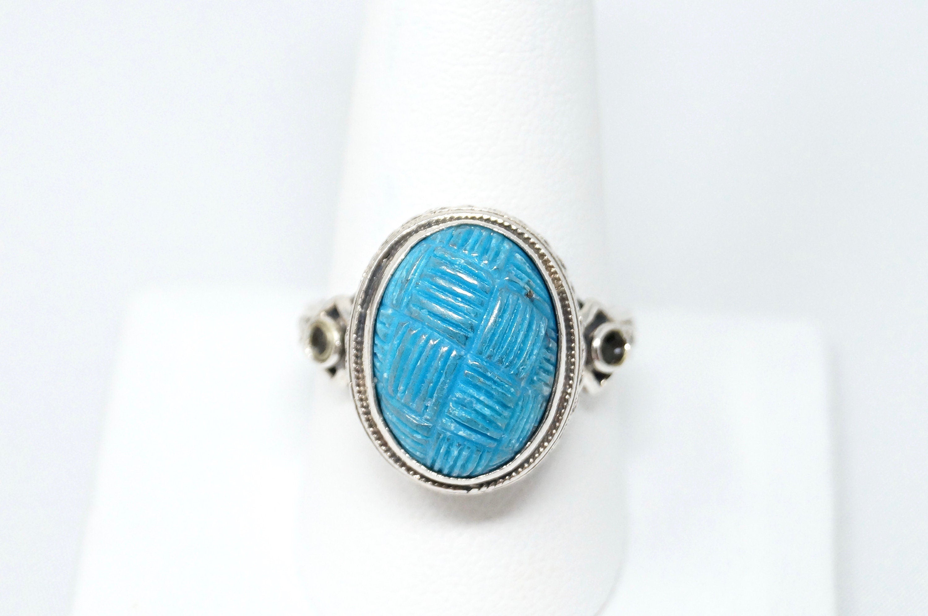 Vintage Designer Carved Turquoise Sterling Silver Ring - Size 10