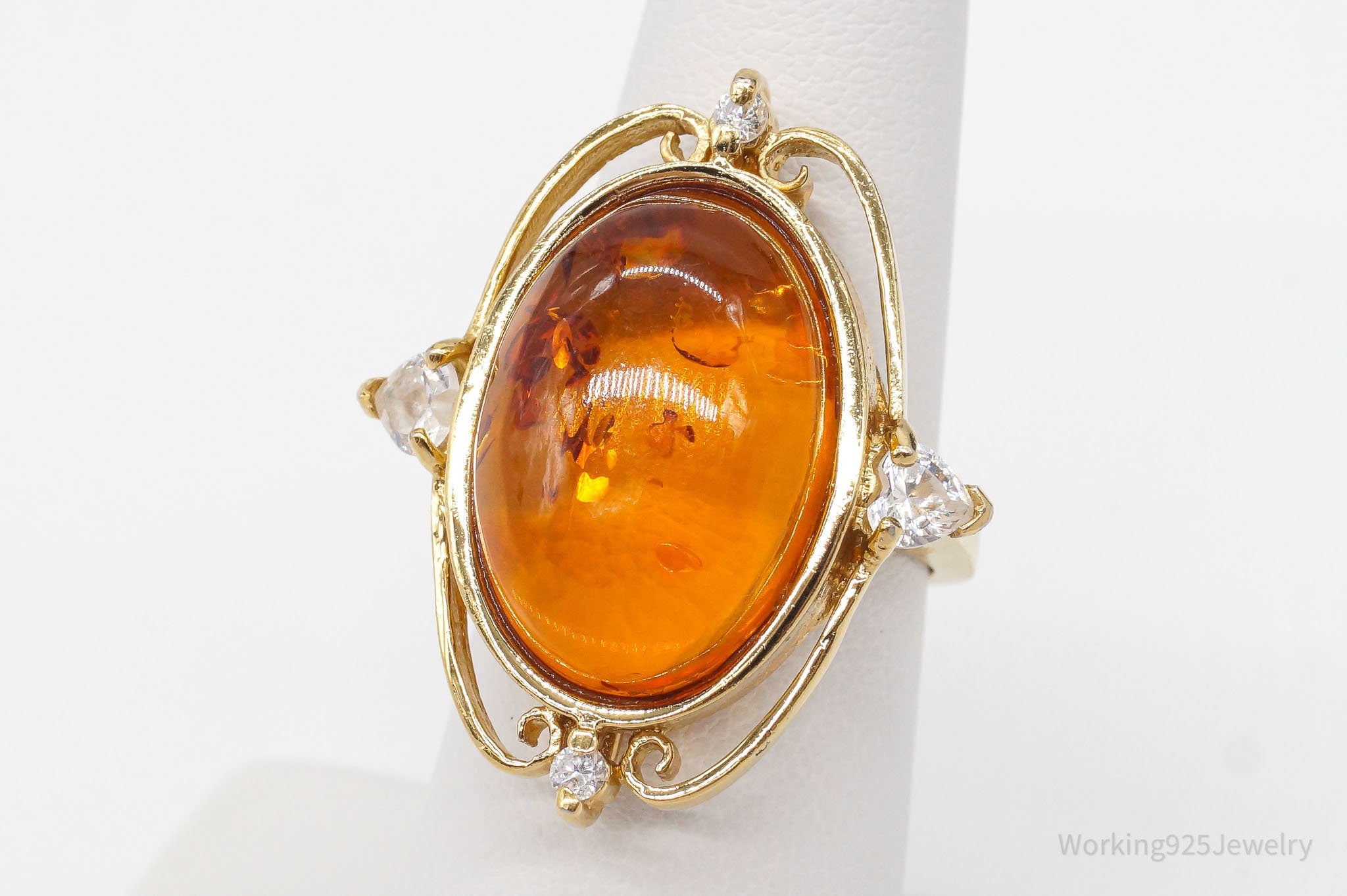 Designer Amber Cubic Zirconia Gold Over Sterling Silver Ring - Size 6.75