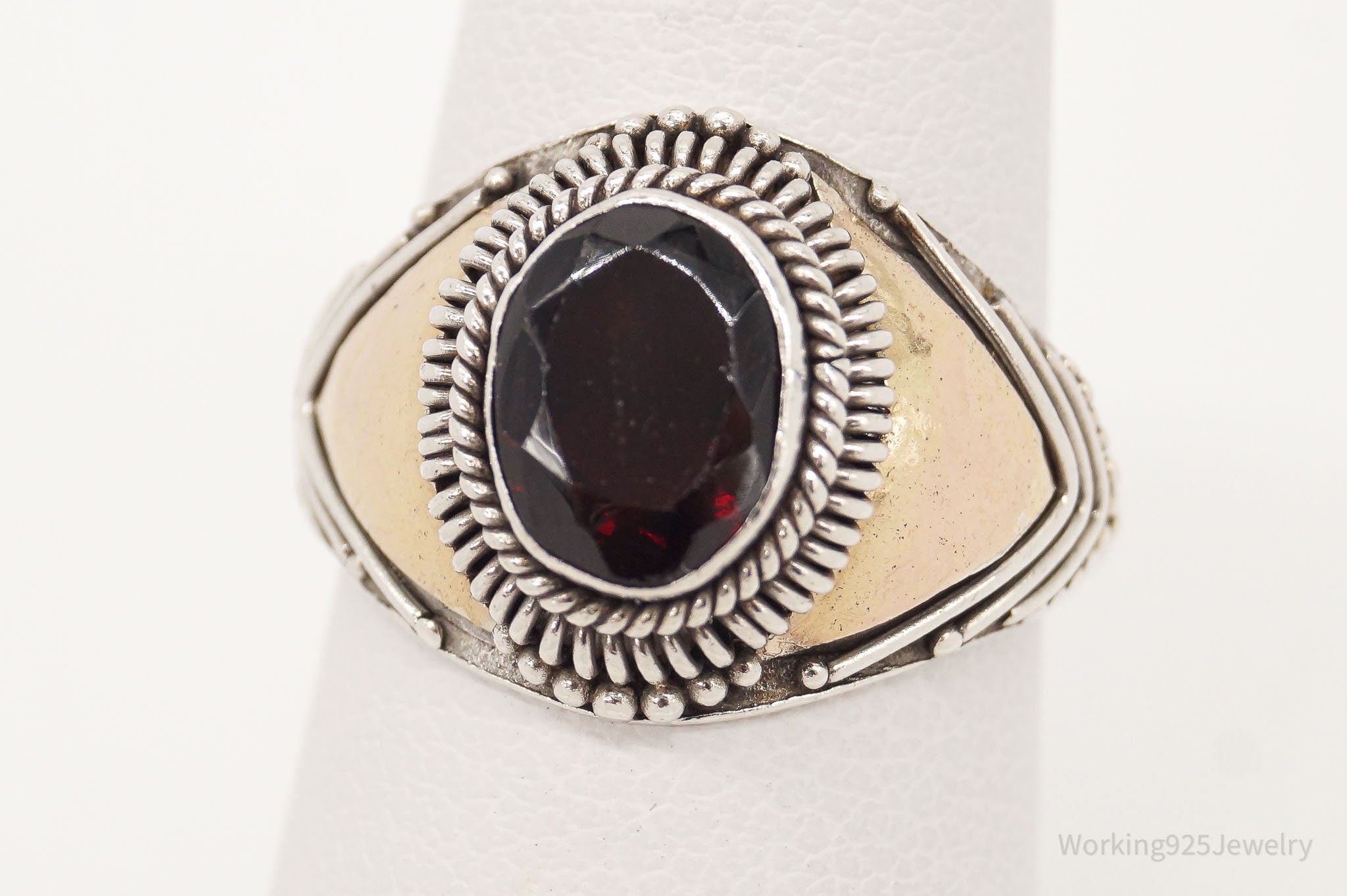 Vintage Garnet Brass Sterling Silver Ring Size 6.75