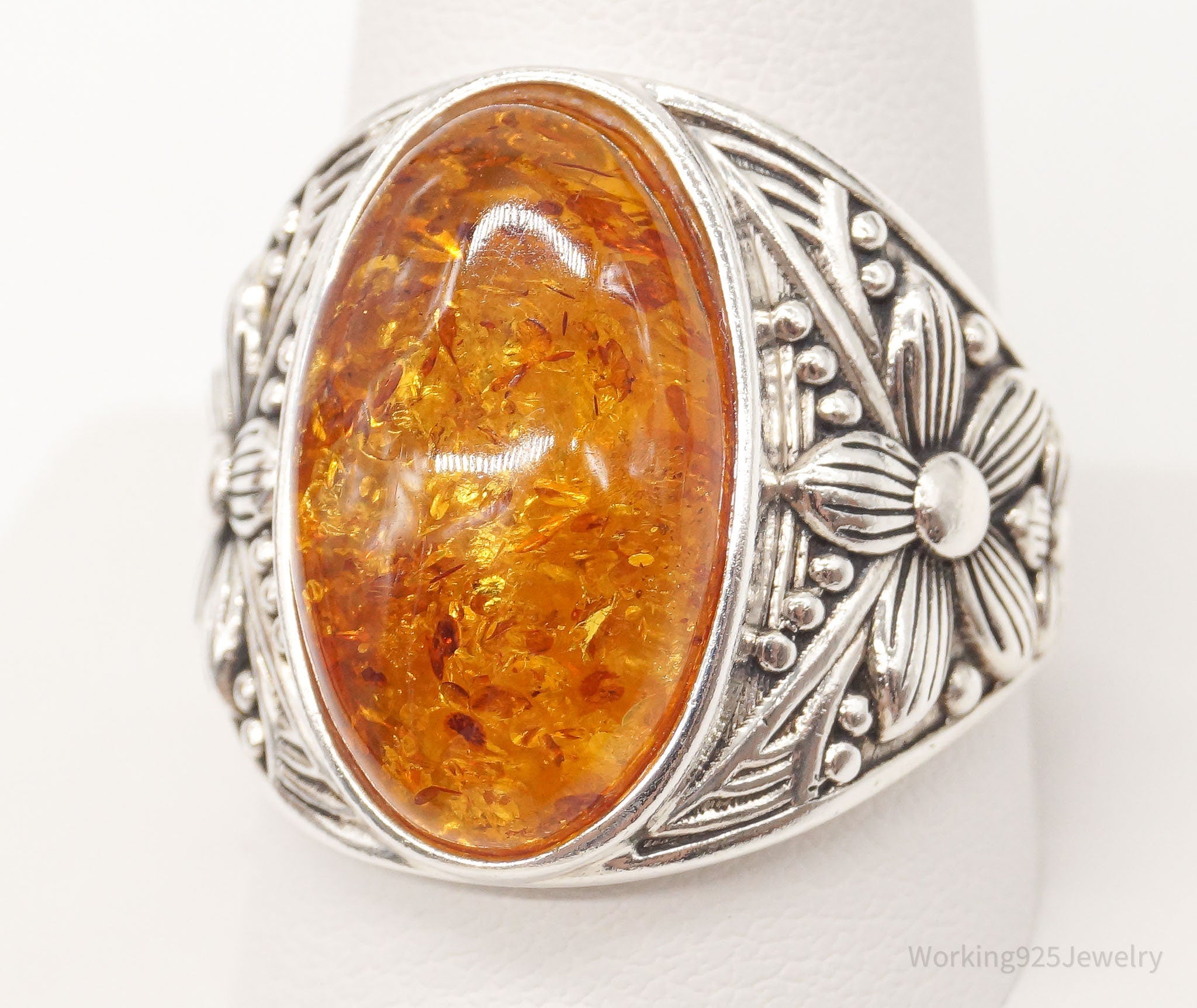 Vintage Designer BBJ Large Amber Sterling Silver Ring - Size 11