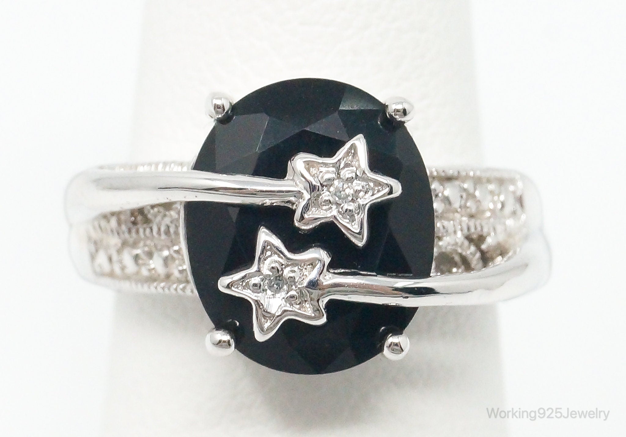 Black Onyx Cubic Zirconia Shooting Stars Sterling Silver Ring - Size 6