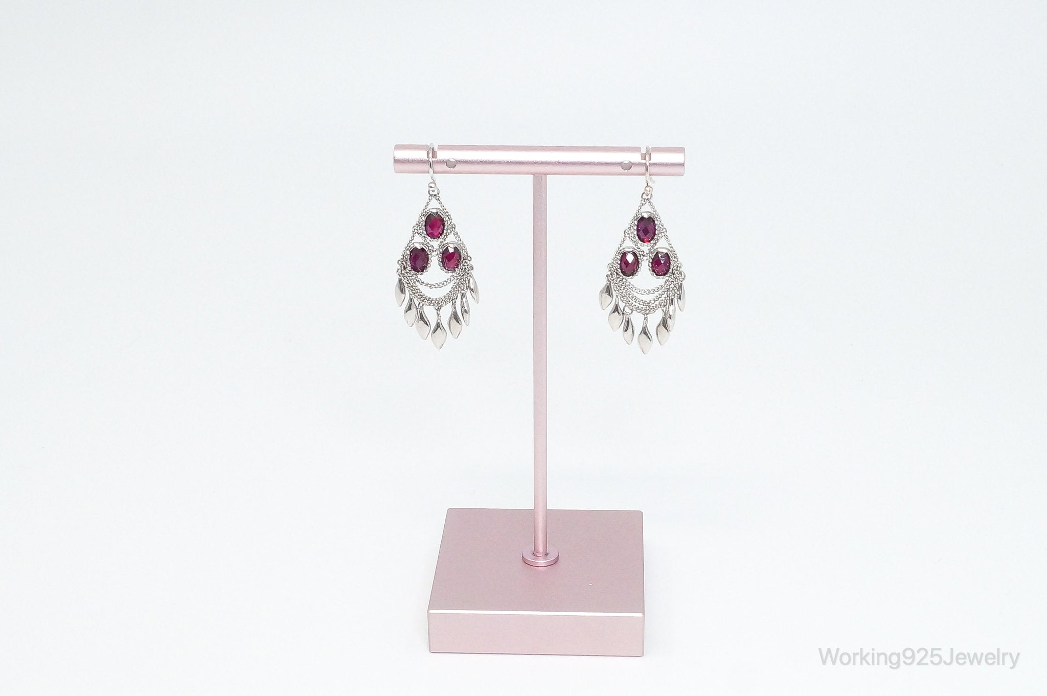 Vintage Designer Garnet Chandelier Sterling Silver Earrings