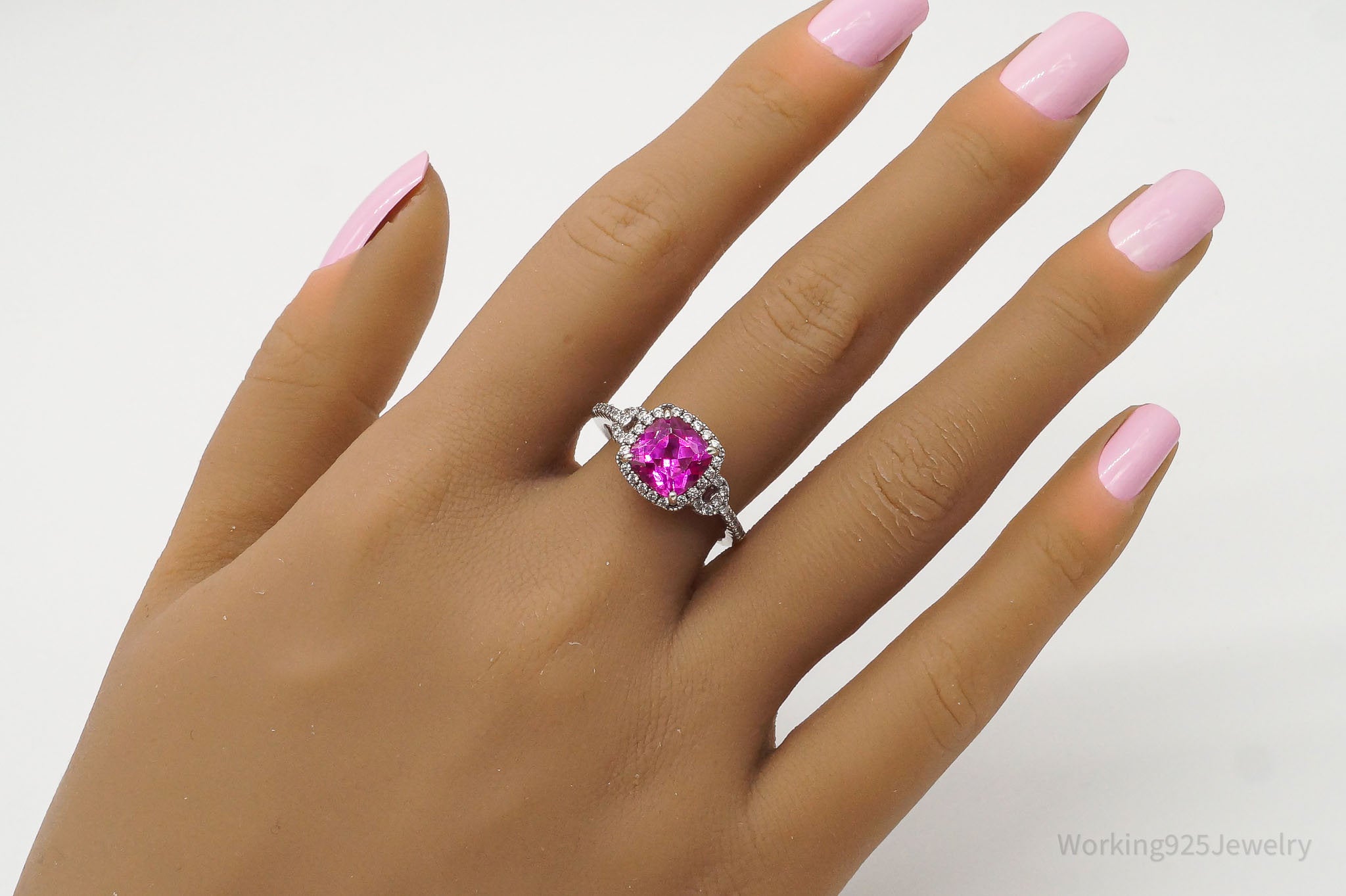 Designer Pink Sapphire Cubic Zirconia Sterling Silver Ring - Size 8.75