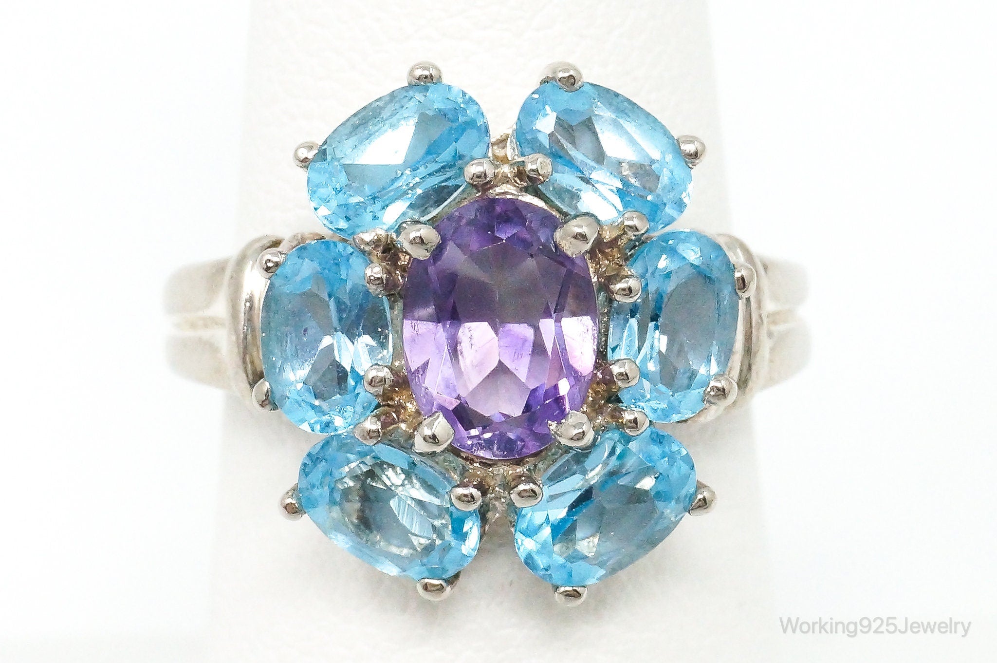 Vintage Blue Topaz Purple Amethyst Sterling Silver Cluster Ring Size 7.25